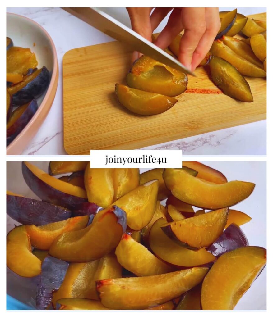 Collage of two images: one shows cutting plums into slices, the other features sliced plums in a bowl.