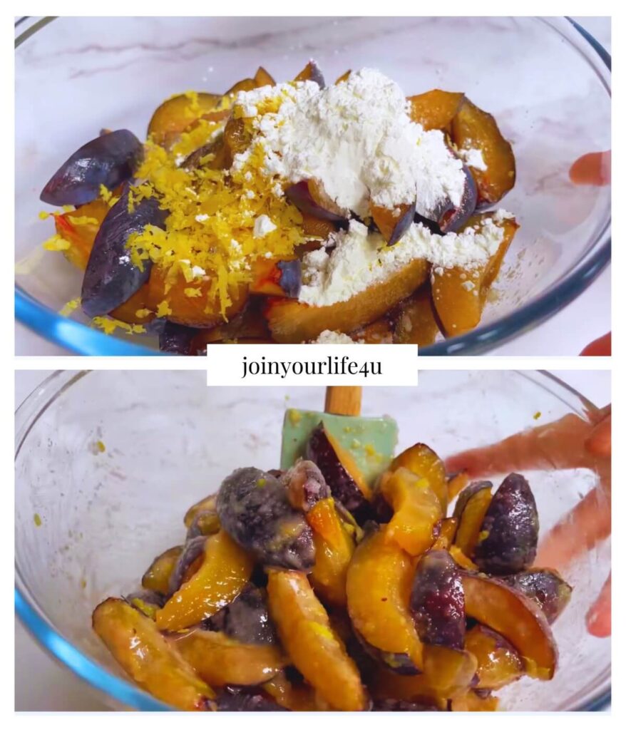 Collage of two images: one shows plums with ingredients, the other shows plums coated and ready for baking.