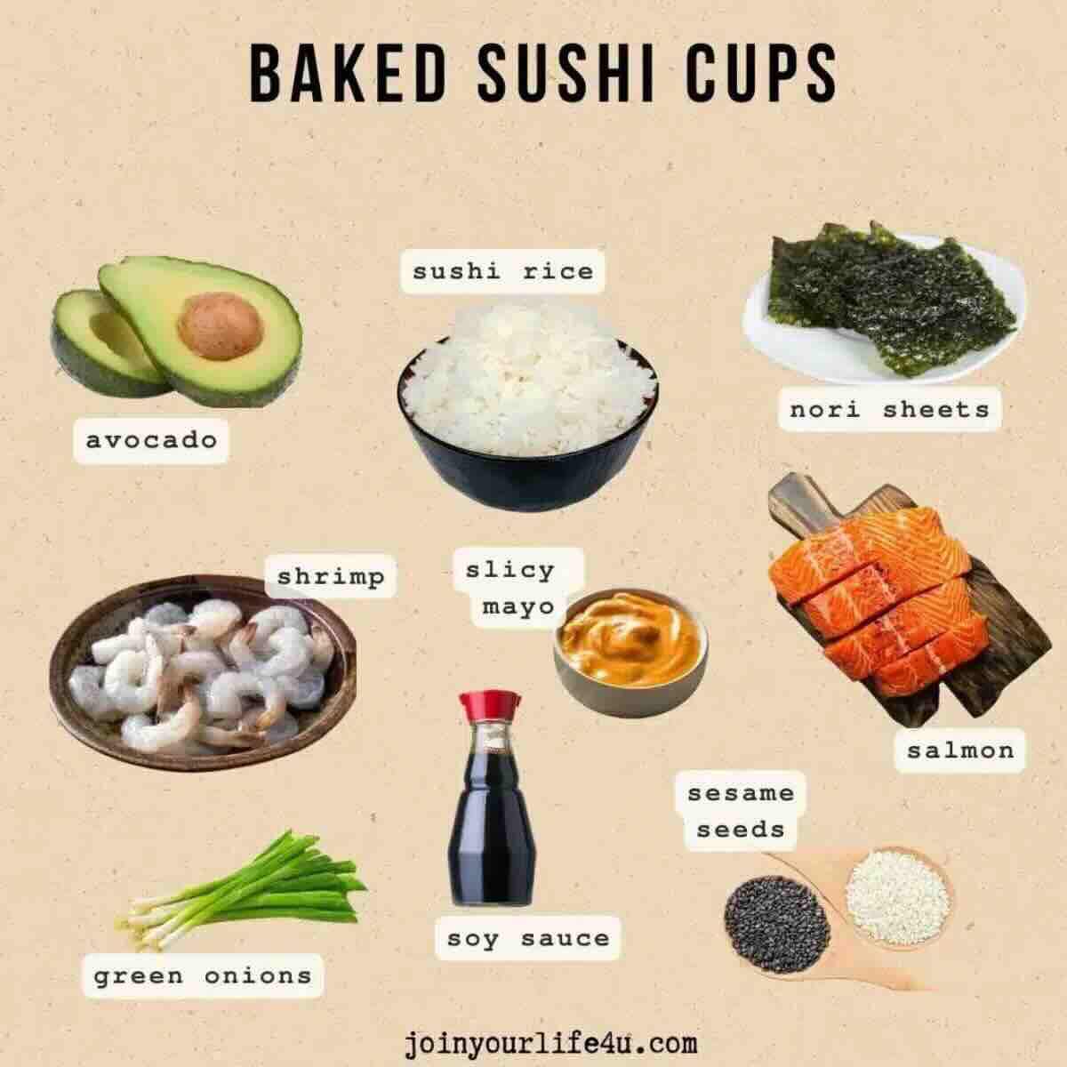 Three nori sheets, salmon, prawns, avocado, sesame seeds, green onion, with sauces displayed individually.