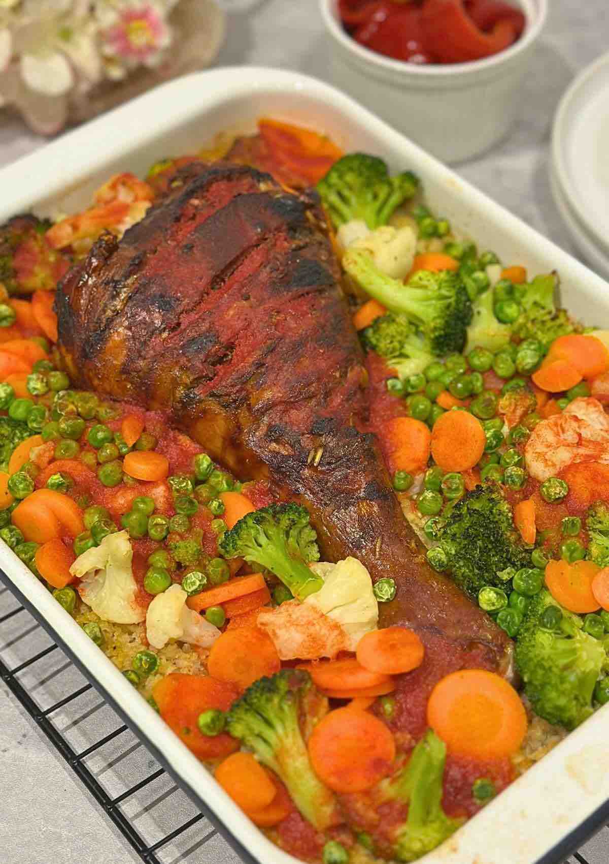 One Pan Turkey Rice Bowl with Veggies in a baking dish.