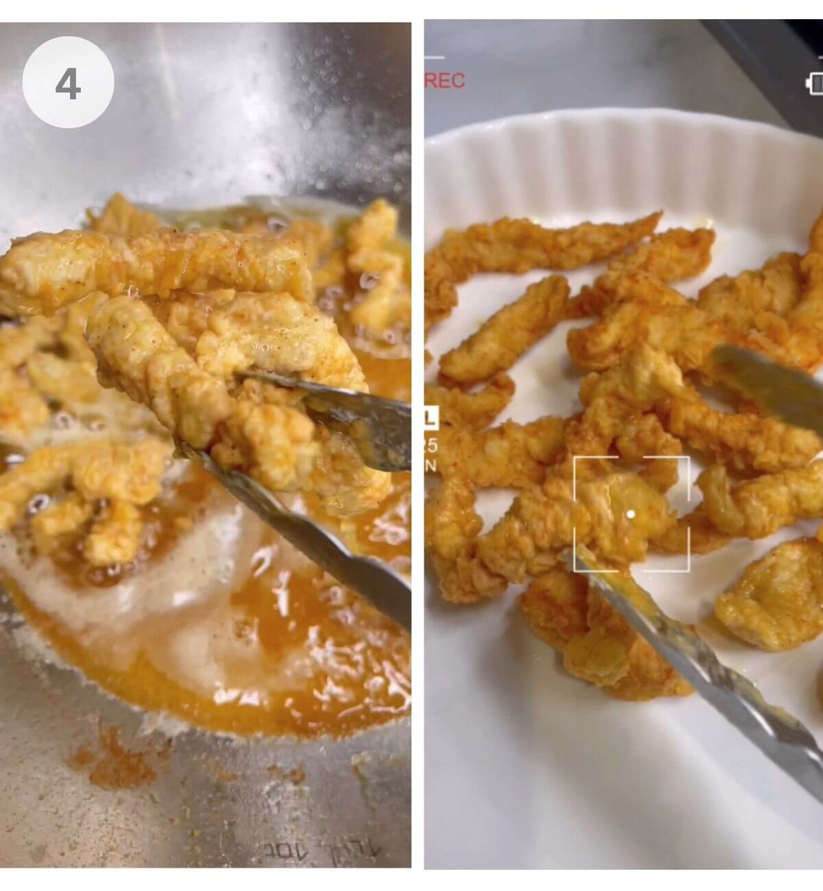 Chicken frying in hot oil until golden and crispy.