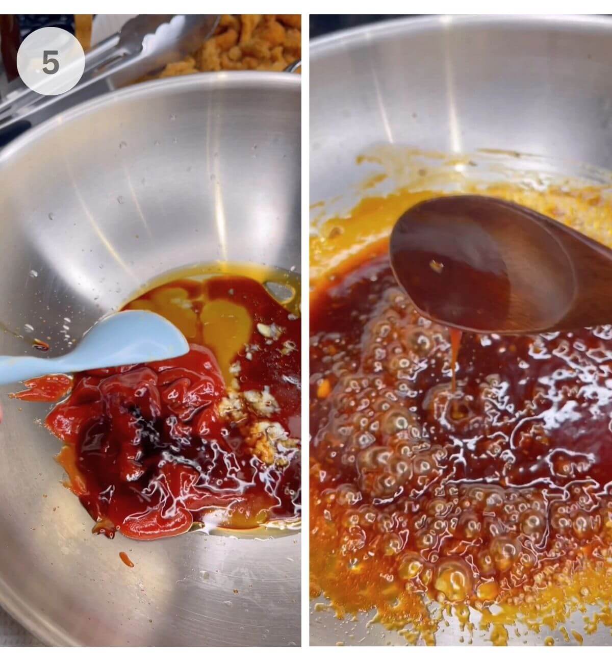 Sesame sauce ingredients simmering in a pan until thickened.