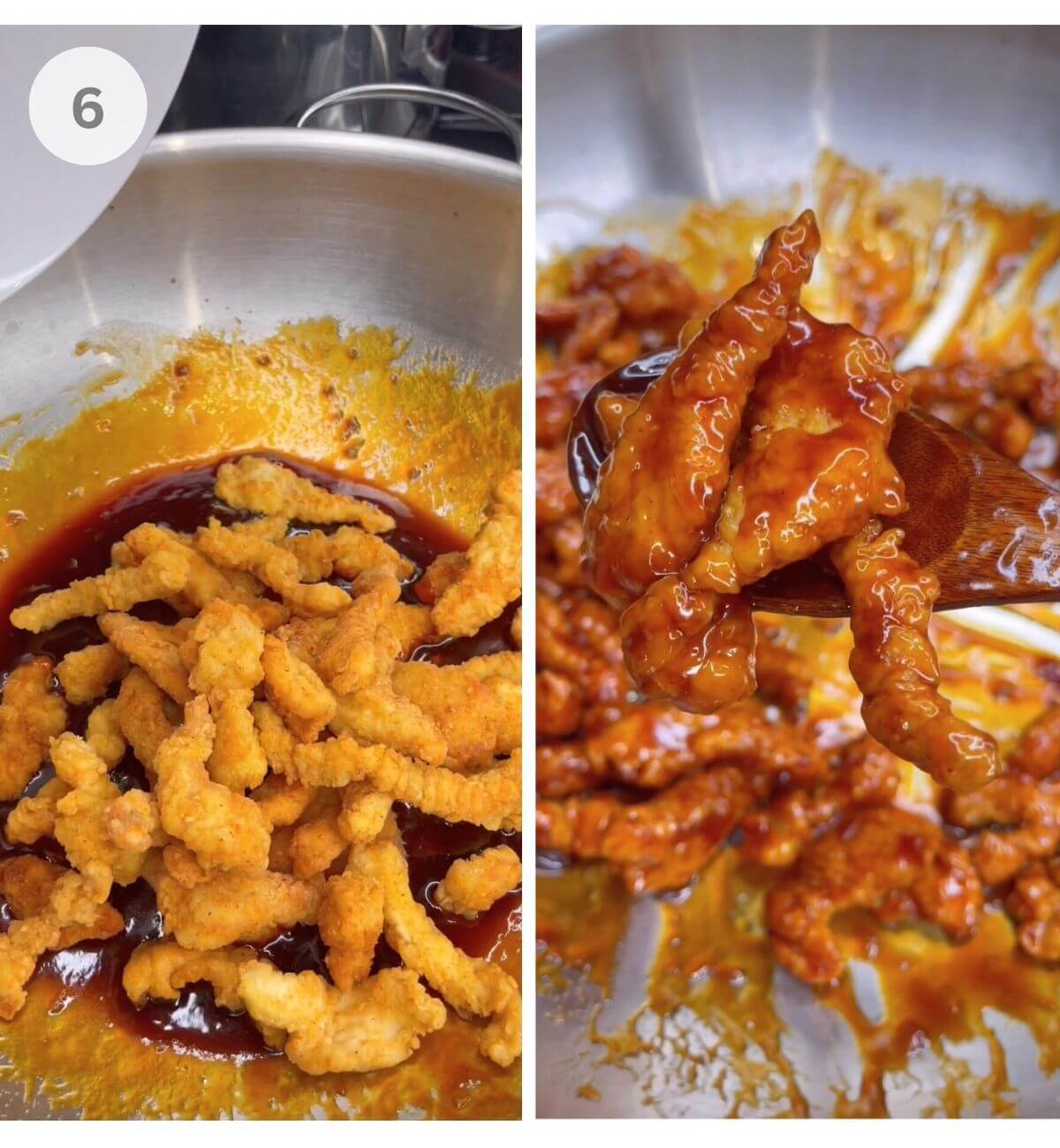 Crispy sesame chicken tossed in sticky sauce, served over rice.