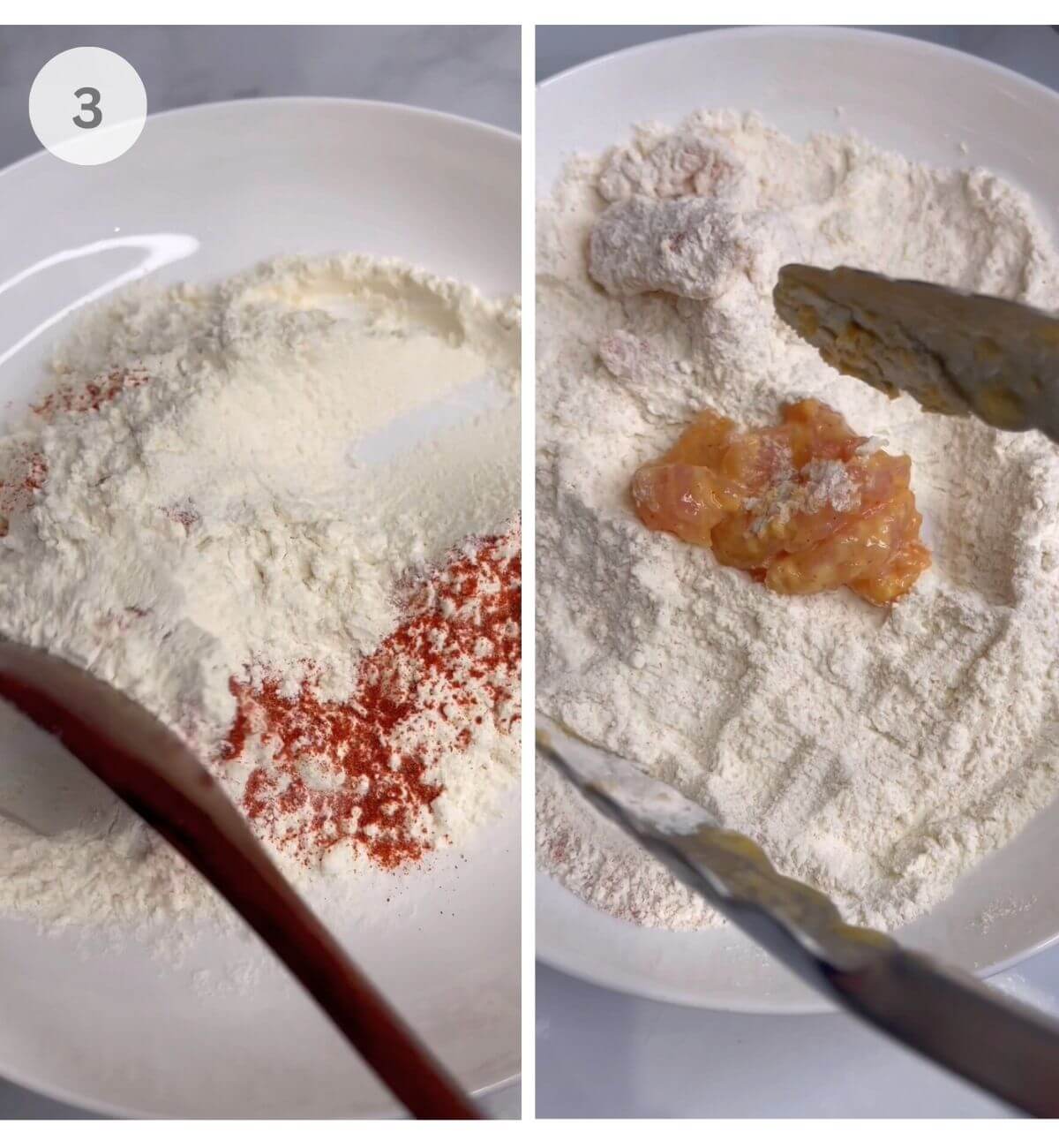 Chicken dredged in flour and paprika for crispy sesame chicken.