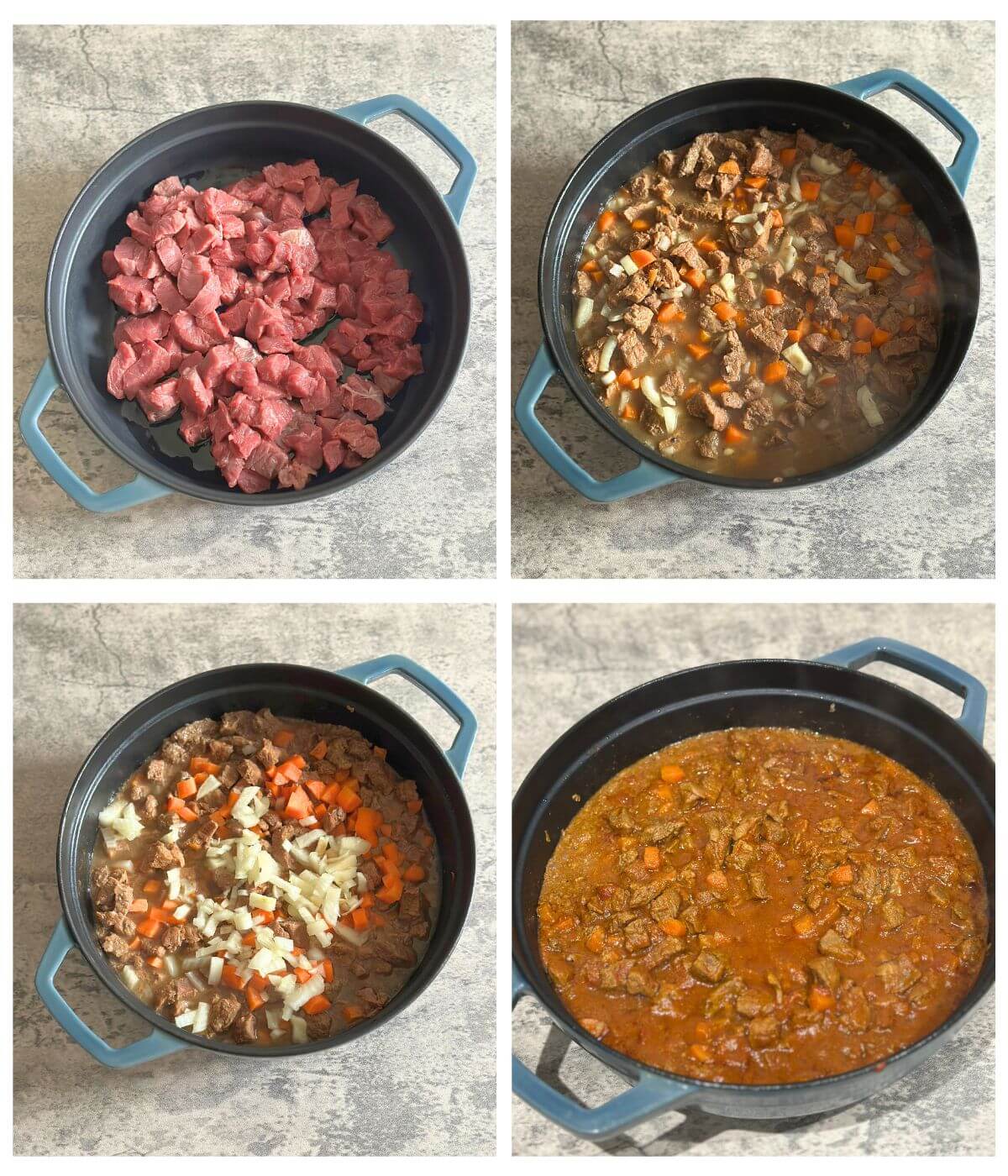 Preparation steps on how to make Hearty Beef Stew with Creamy Mashed Potatoes.