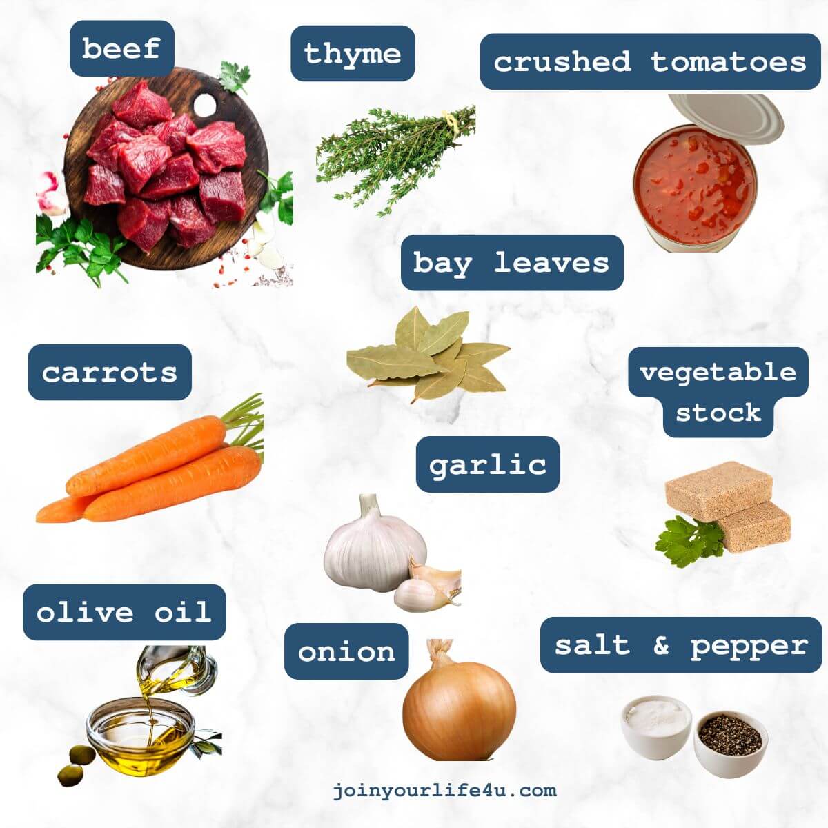 Ingredient shot to make Hearty Beef Stew with Creamy Mashed Potatoes.