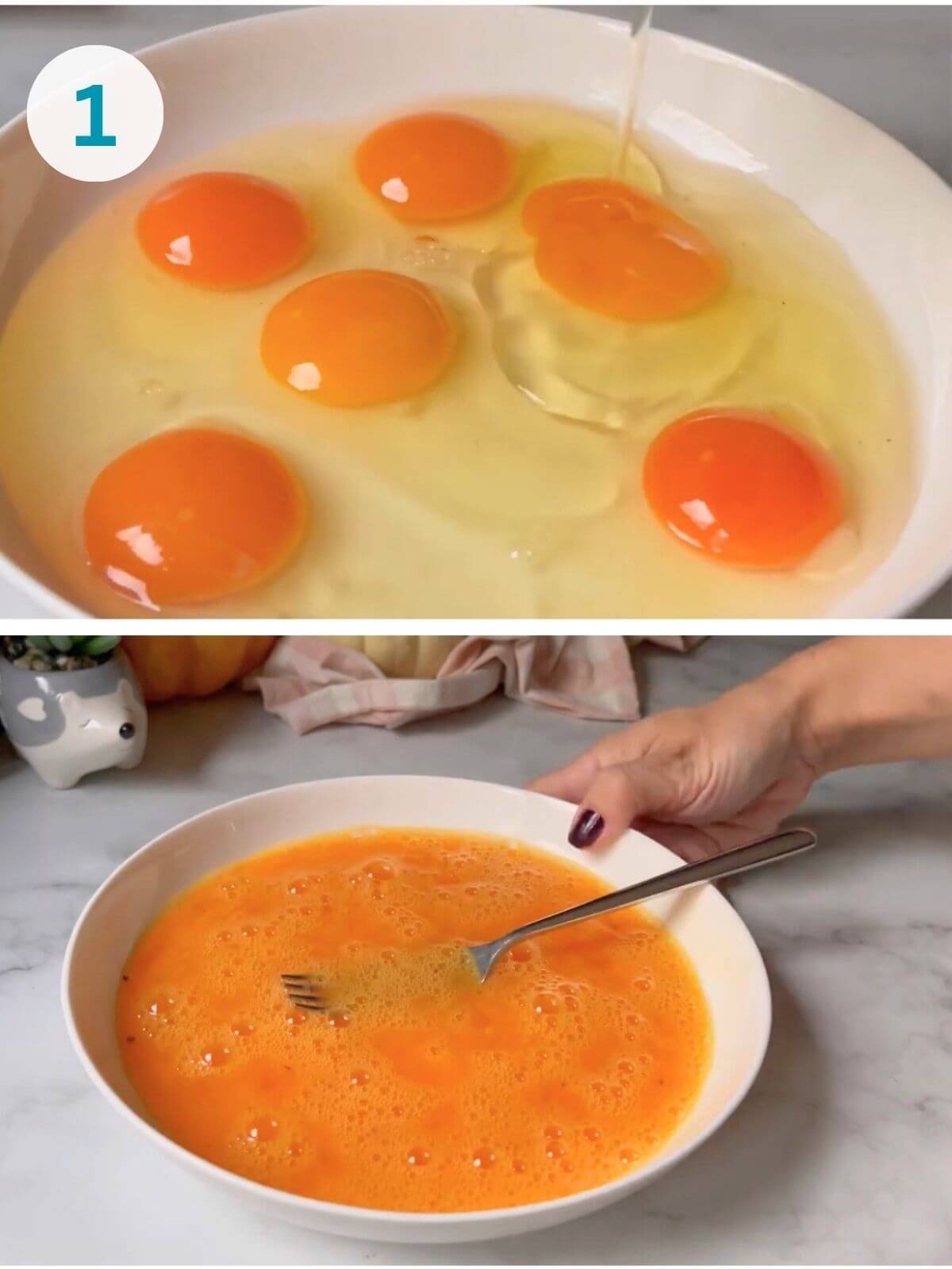 Cracking eggs into a bowl and whisking with salt and pepper.