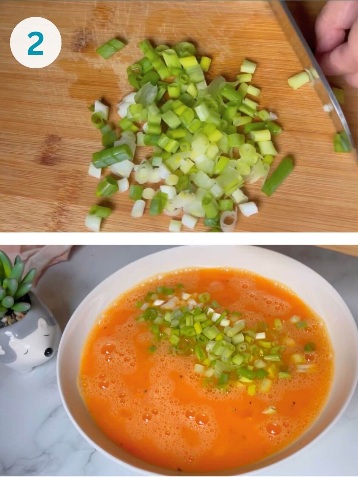 Chopping green onions and adding them to the egg mixture