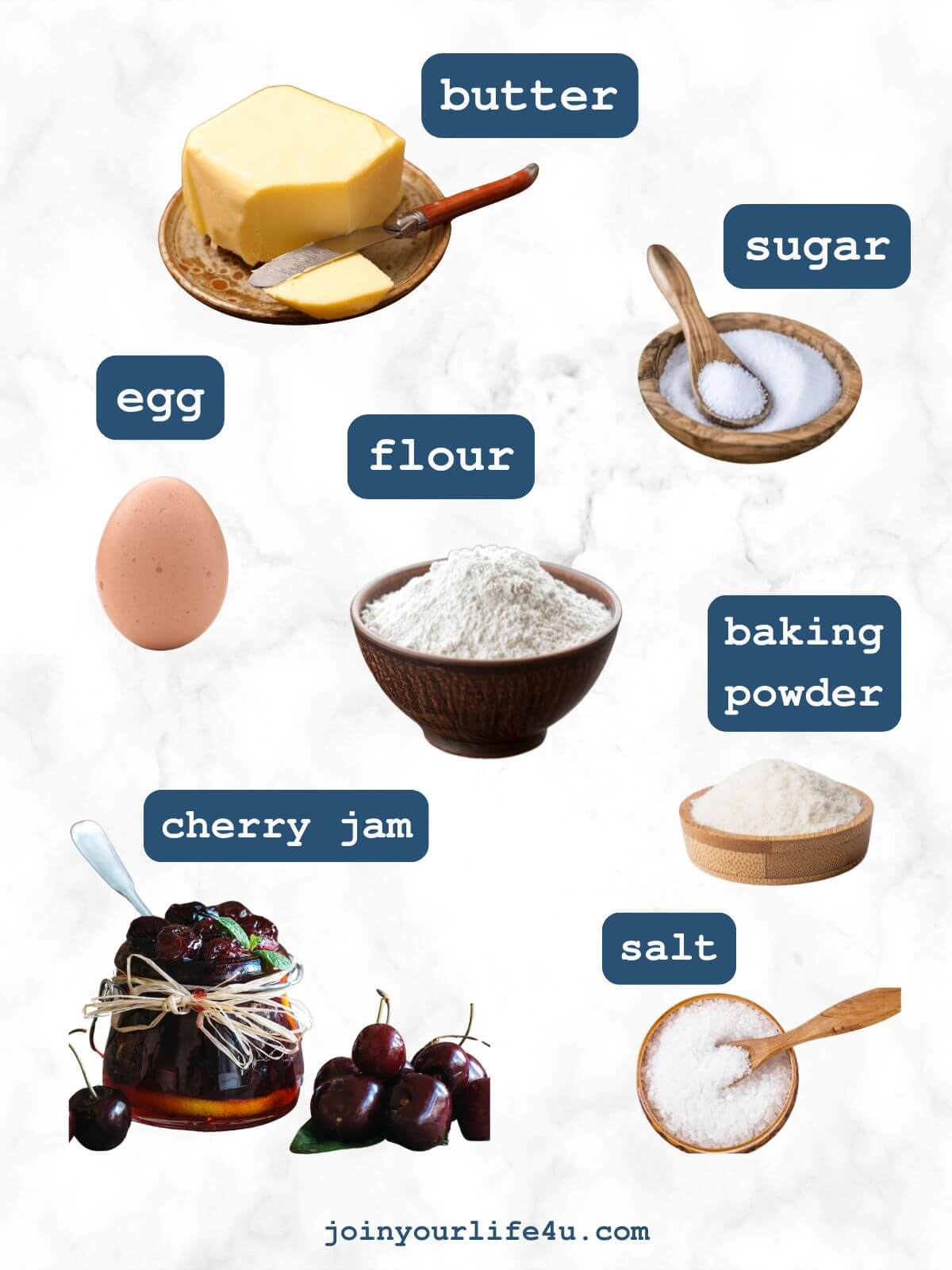 Individually displayed crostata ingredients on a table, including flour, butter, sugar, baking powder, salt, egg yolk, and jam.
