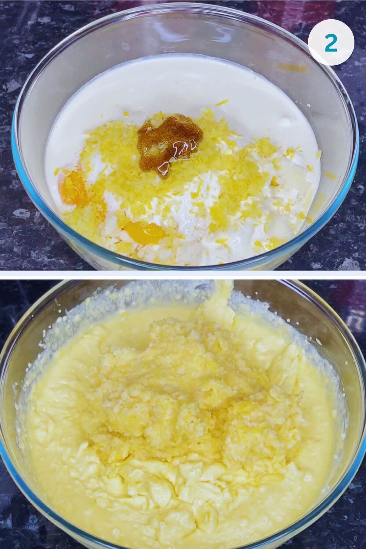 A bowl with cottage cheese, double cream, egg yolks, sugar, lemon zest, and vanilla being mixed, with cooled cornmeal mixture added.