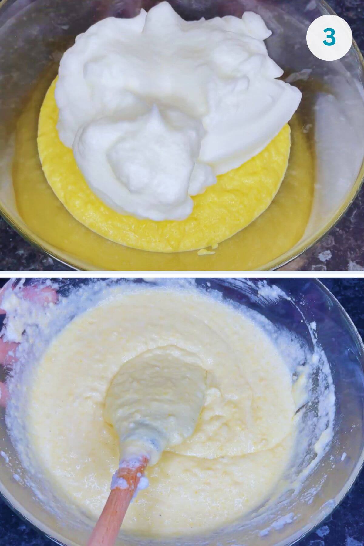 Whisked egg whites at soft peaks being gently folded into a mixture using a spatula with a top-to-bottom motion.