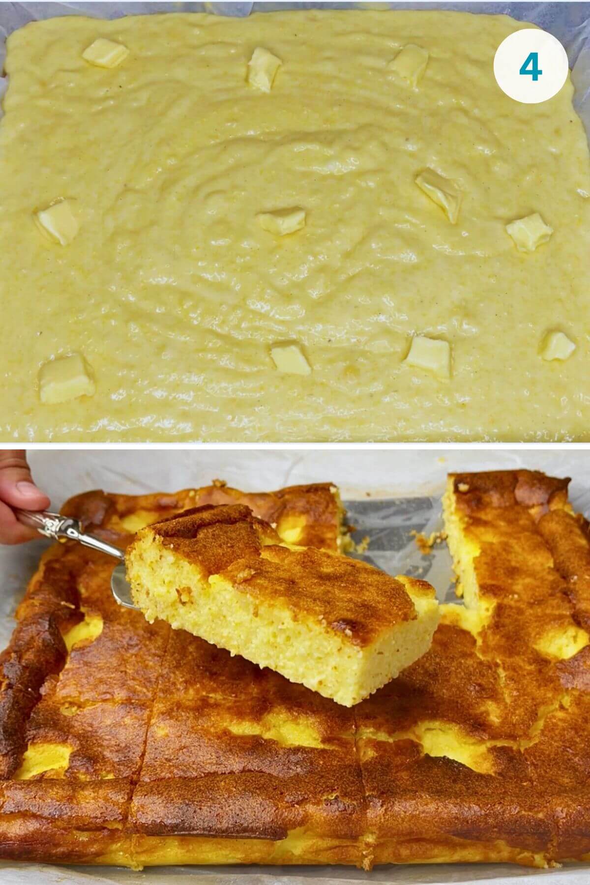 Baking dish lined with parchment paper and filled with mixture, dotted with butter, ready to bake until golden.