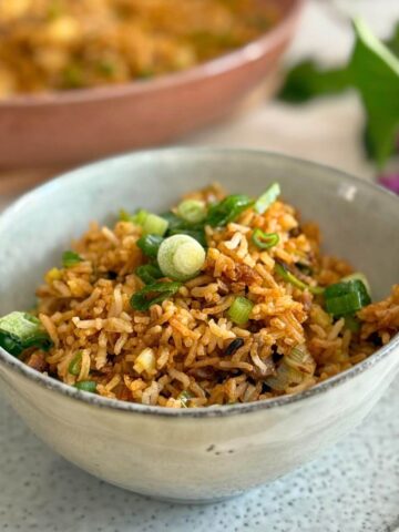 Leftover lamb fried rice served in a bowl with green onions.
