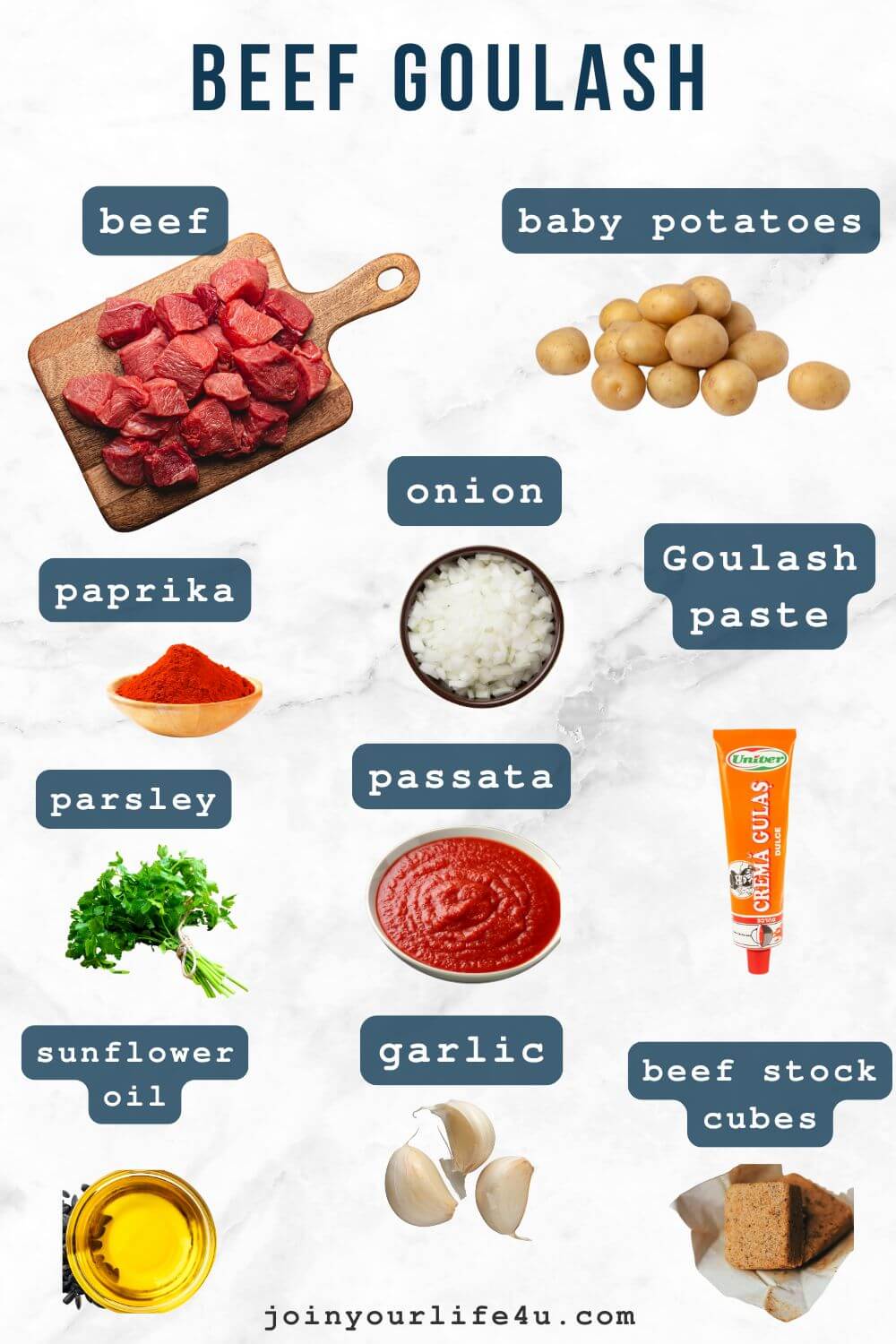 Beef, potatoes, onion, garlic, oil, pepper, paprika, salt, passata, parsley, bay leaves, cornstarch, stock, goulash paste, individually displayed on a table. 
