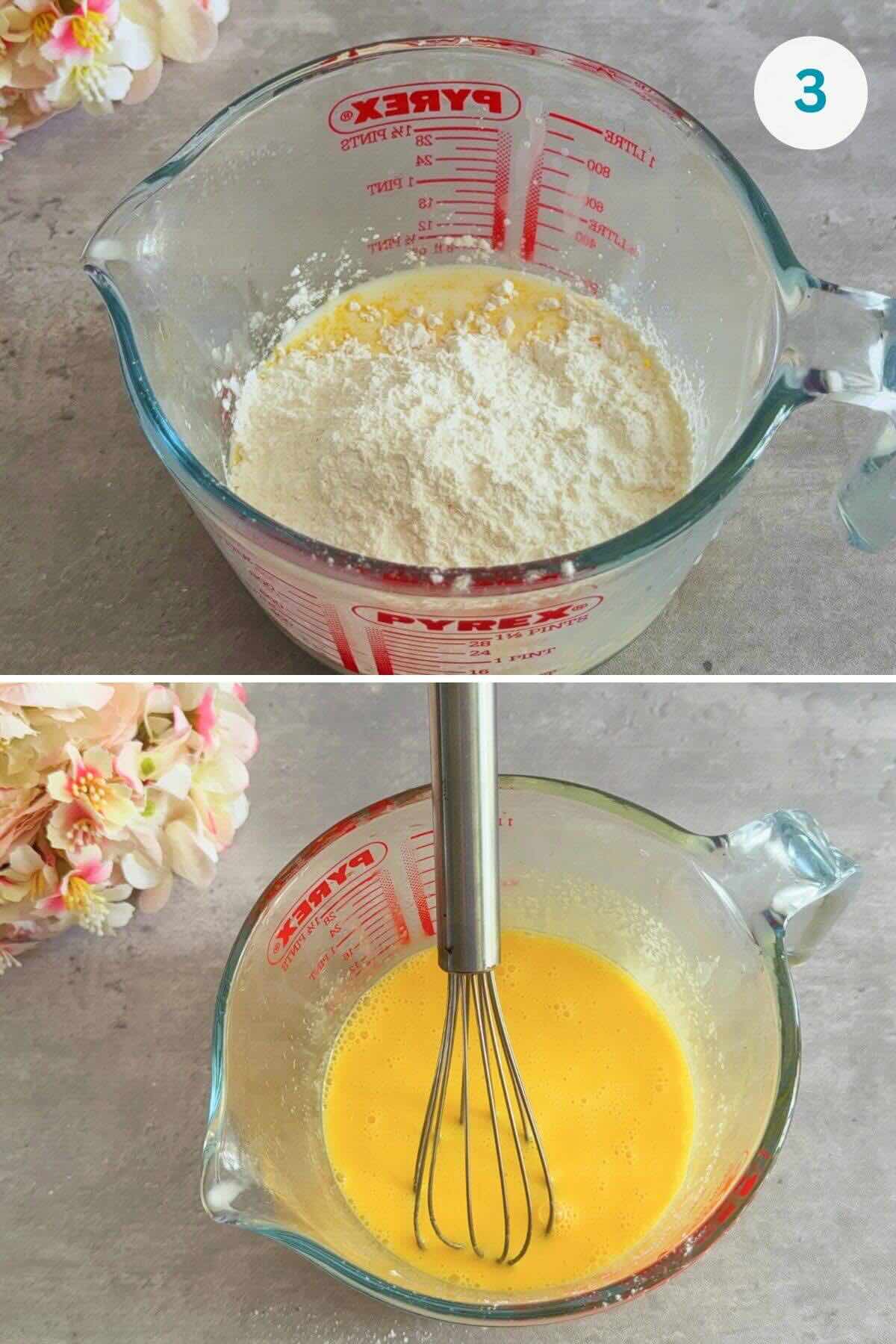 Vanilla pudding powder whisked with milk and sugar in a bowl until smooth and lump-free.