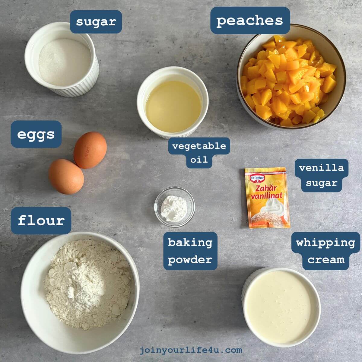 Eggs, vanilla sugar, sugar, vegetable oil, all-purpose flour, baking powder, canned peaches individually displayed on a table. 