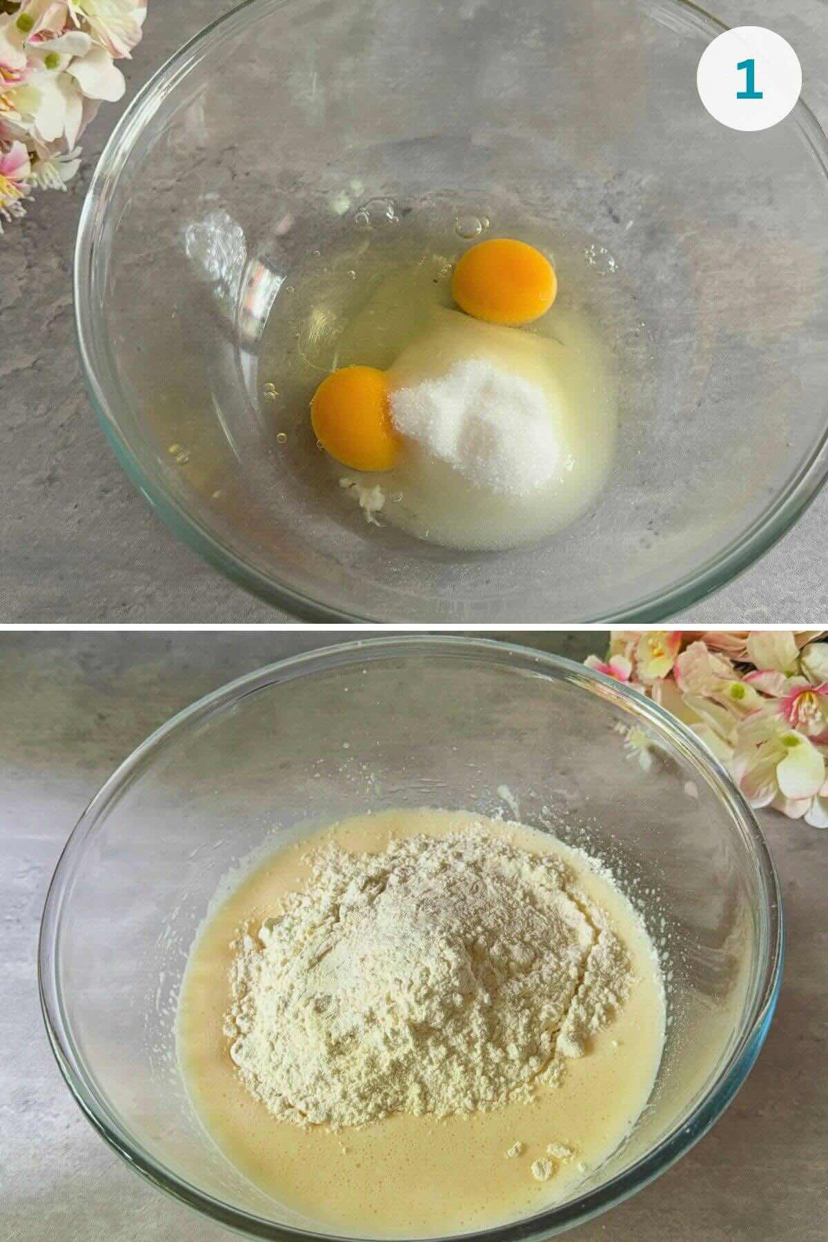 Beating eggs, sugar, and vanilla sugar until foamy, then mixing in oil, flour, and baking powder for peach vanilla cake batter.