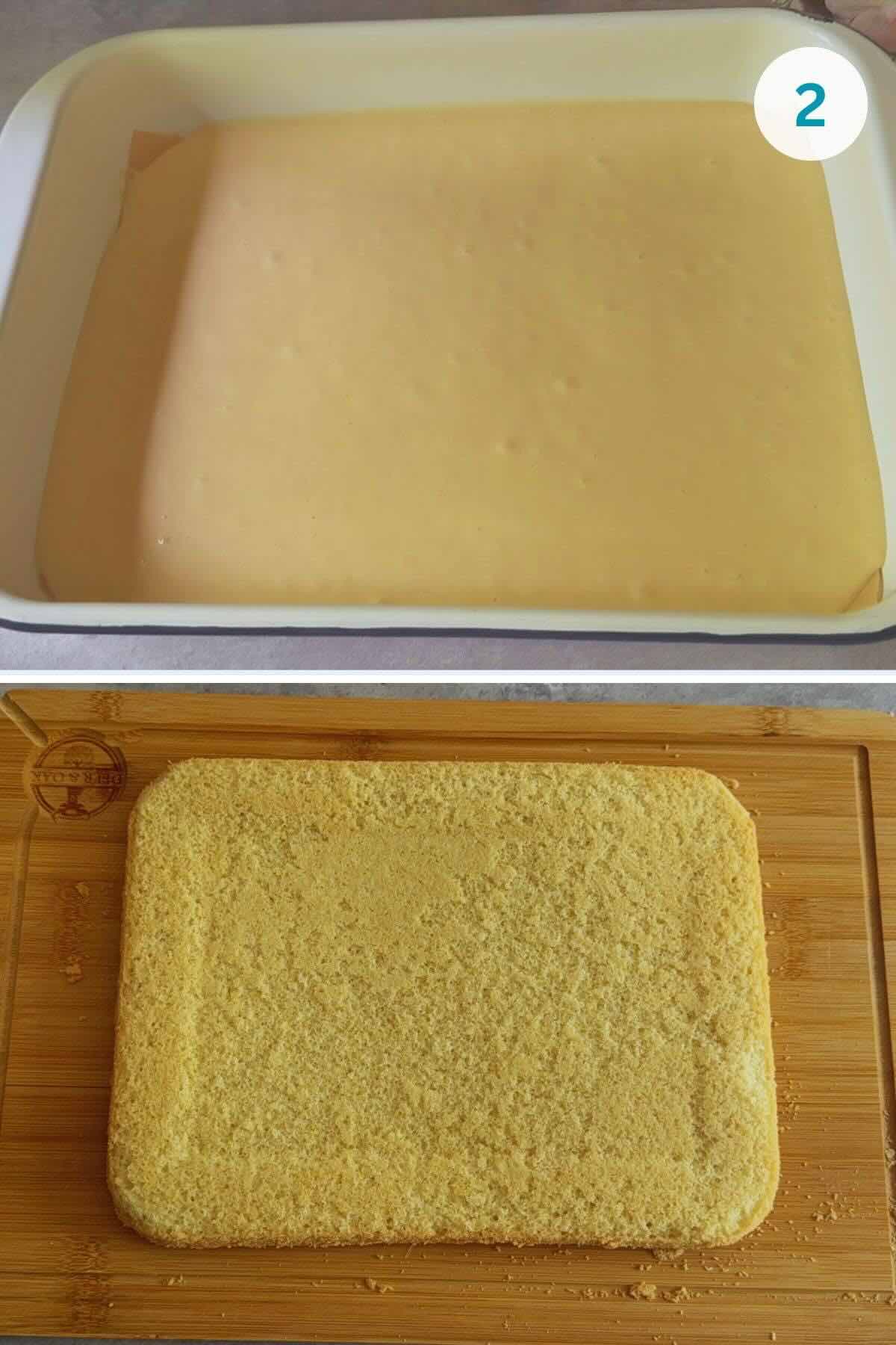 Sponge cake batter spread in a rectangular pan, ready for baking; later cooled on a wooden board. 