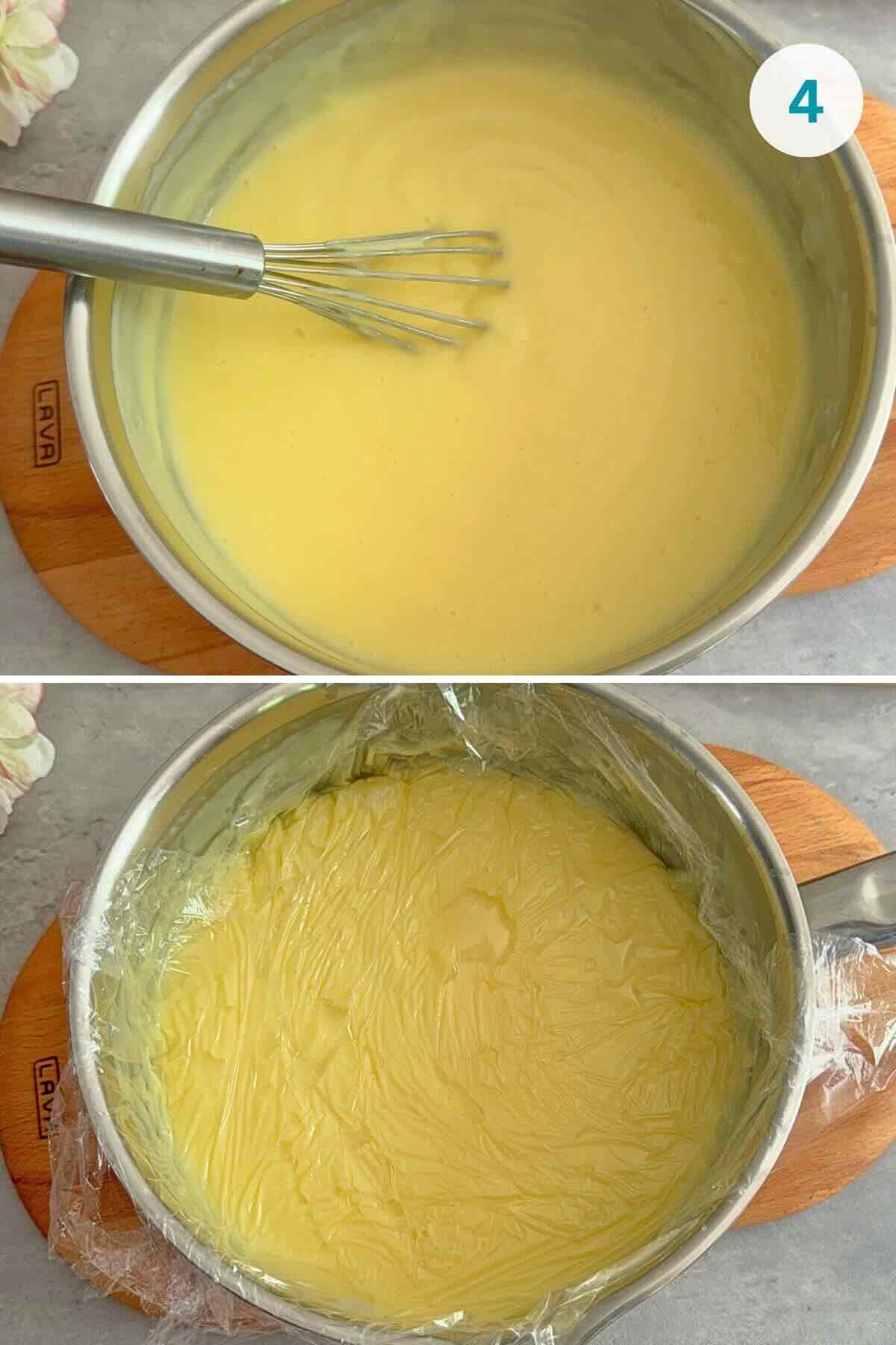 Cooking vanilla pudding in a saucepan until thick, then covering with cling film to cool.