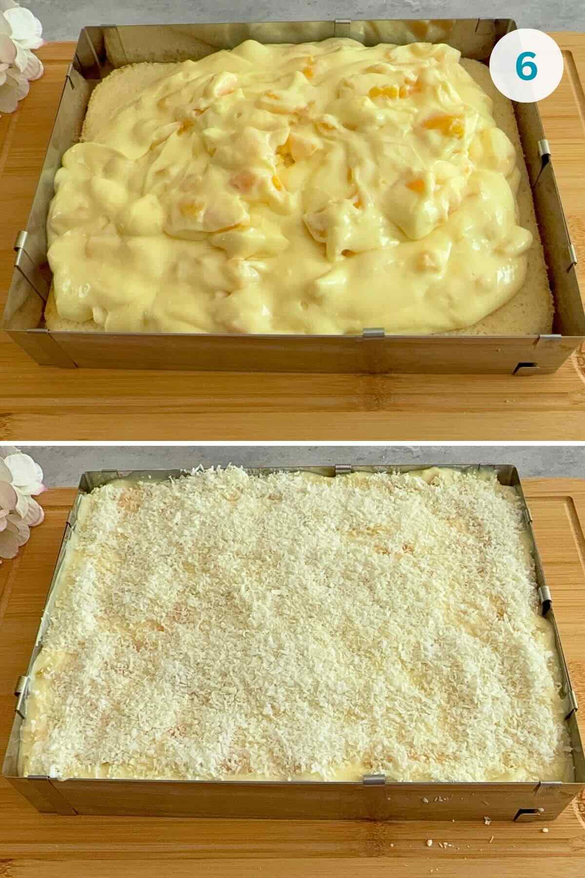 Sponge cake brushed with peach juice, topped with creamy peach mixture, grated white chocolate, and coconut flakes.