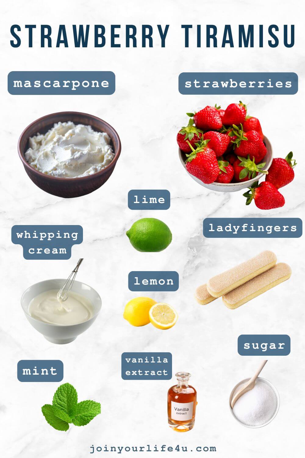  Strawberries, mascarpone,  whipping cream,  sugar, lime, vanilla, ladyfingers, lemon juice, mint leaves, individually displayed on a table. 