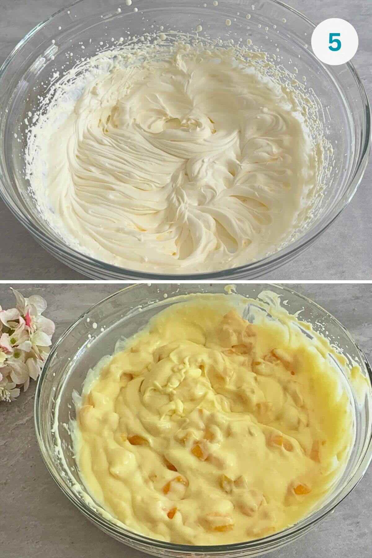 Folding whipped cream into cooled vanilla pudding with chopped canned peaches.