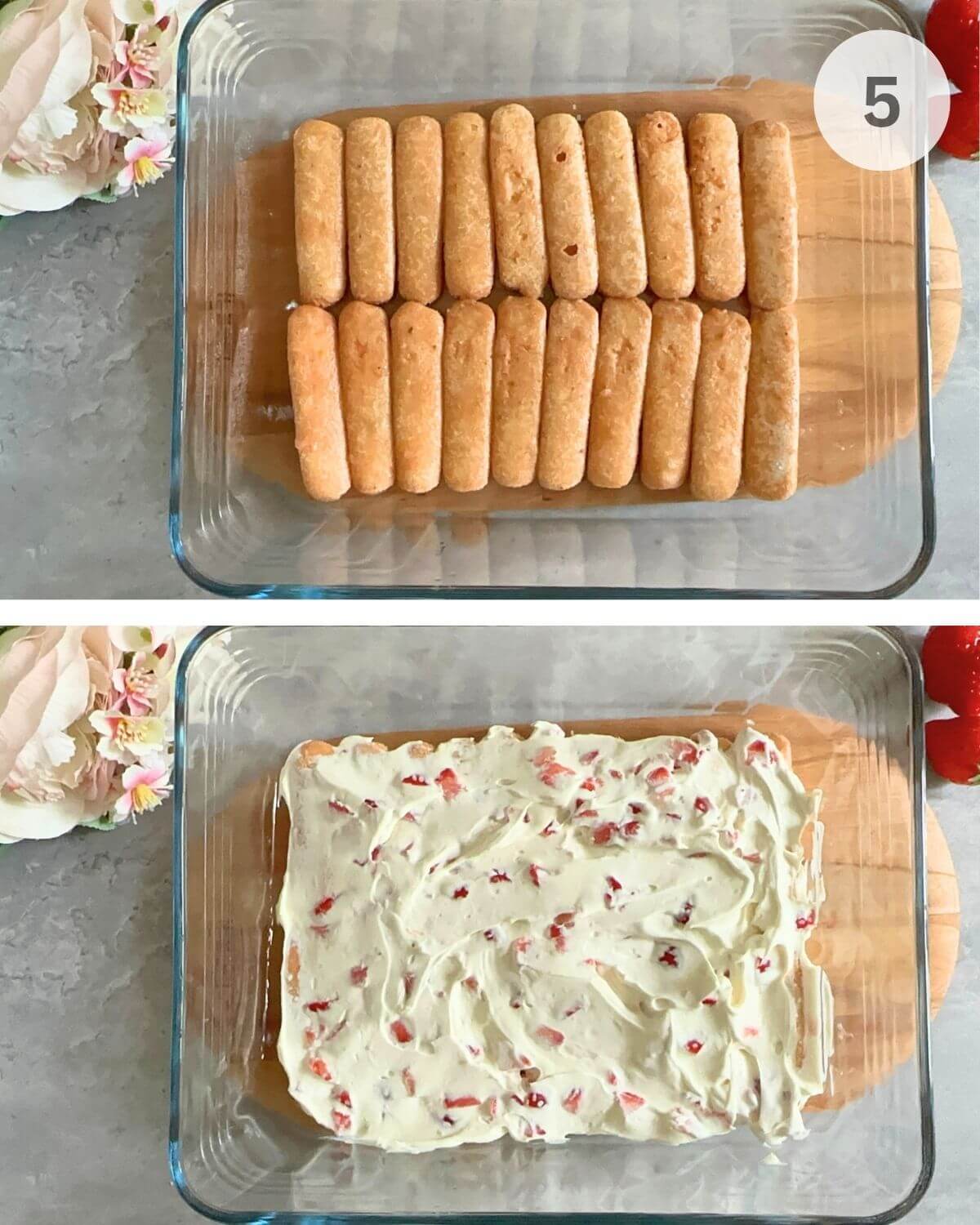 Layering strawberry-soaked ladyfingers and cream, building up three layers of each in the dish.
