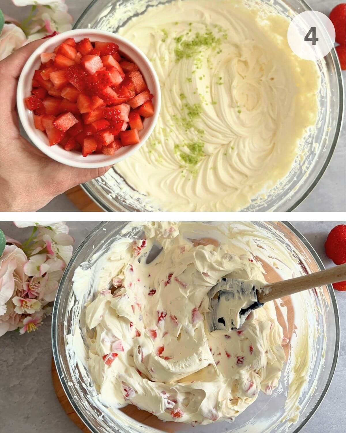 Strawberries and lime zest gently folded into cream mixture with a spatula.
