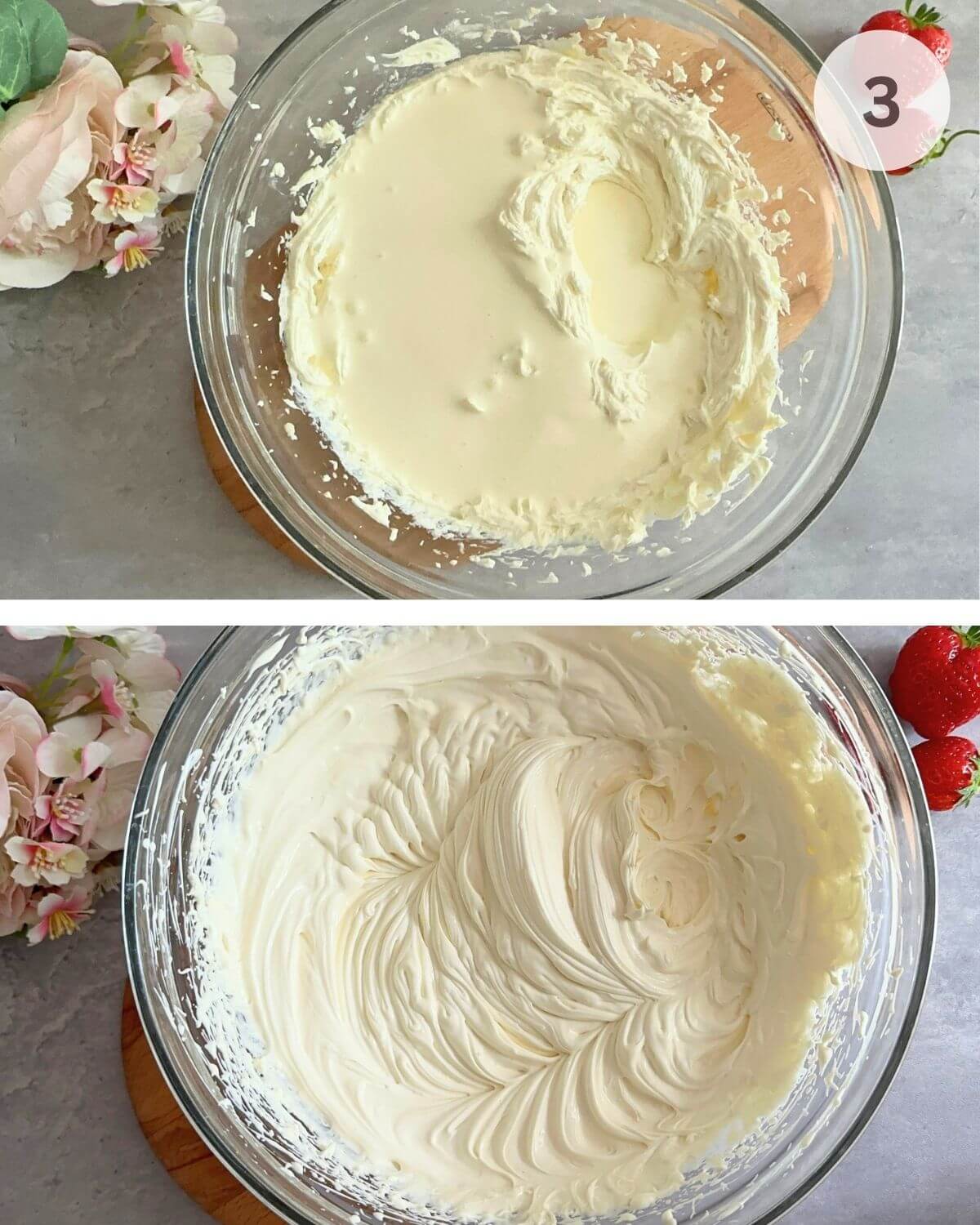 Whipping cream mixed into mascarpone blend until smooth, with orange juice added for extra flavor.
