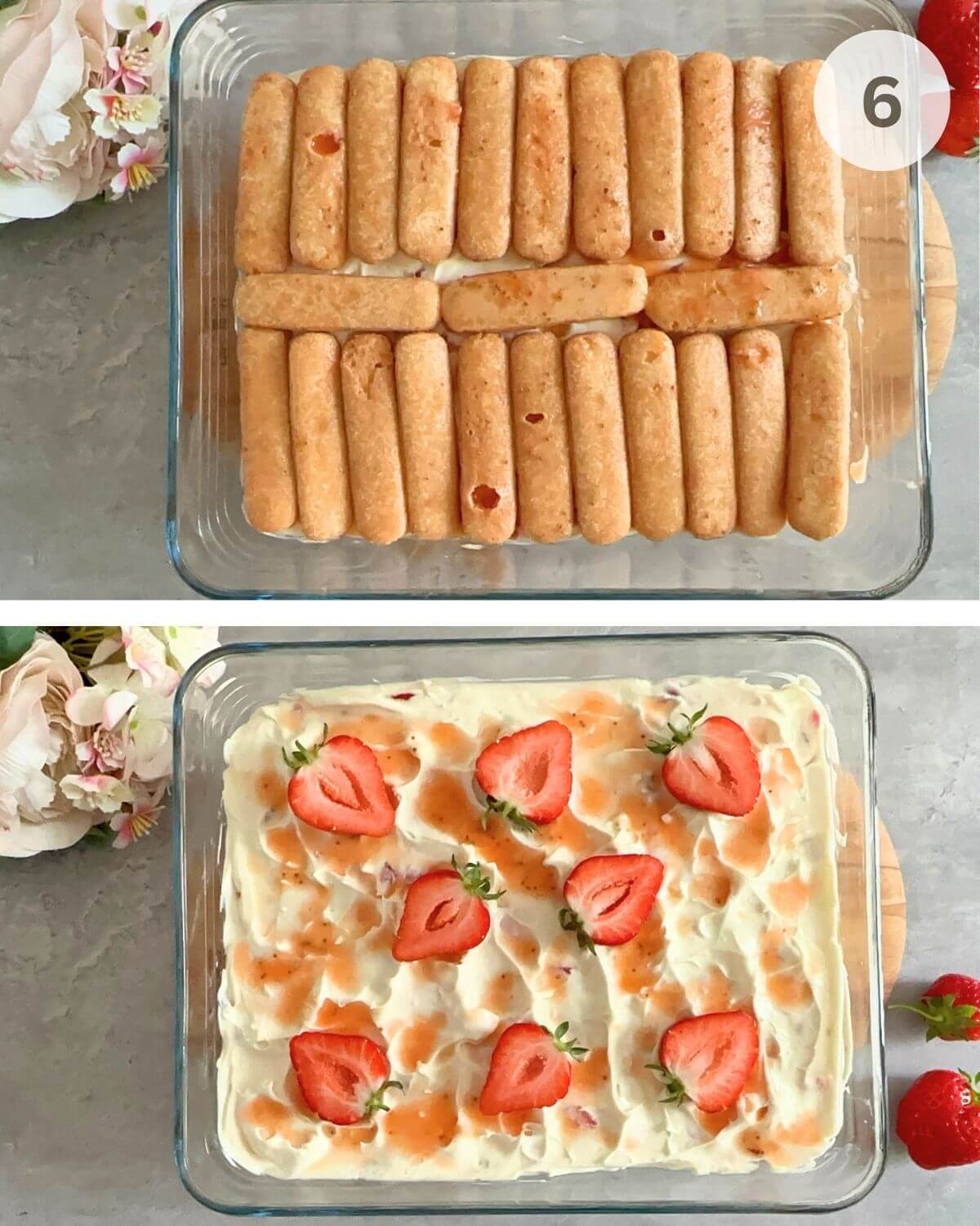 Topped with halved strawberries, a drizzle of syrup, and fresh mint leaves for a simple finish.
