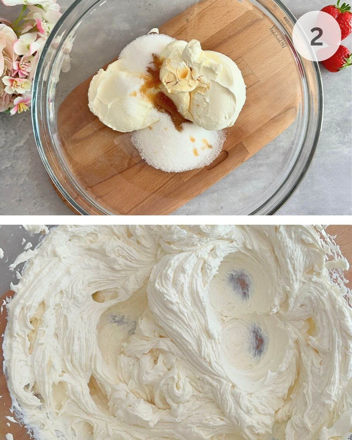 Mascarpone mixture in a bowl, whipped with sugar and vanilla until smooth and creamy.
