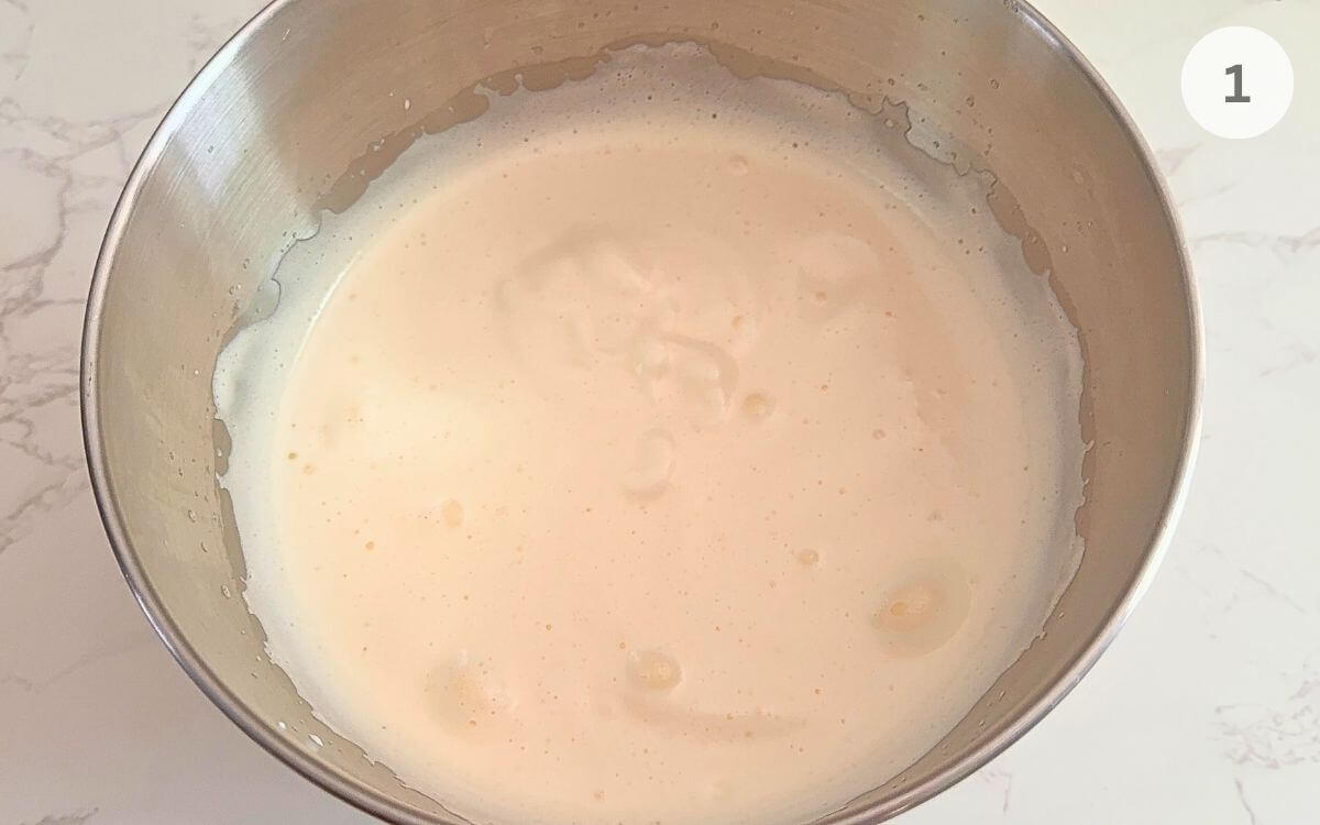 Eggs and sugar beaten in a large bowl until thick and pale.