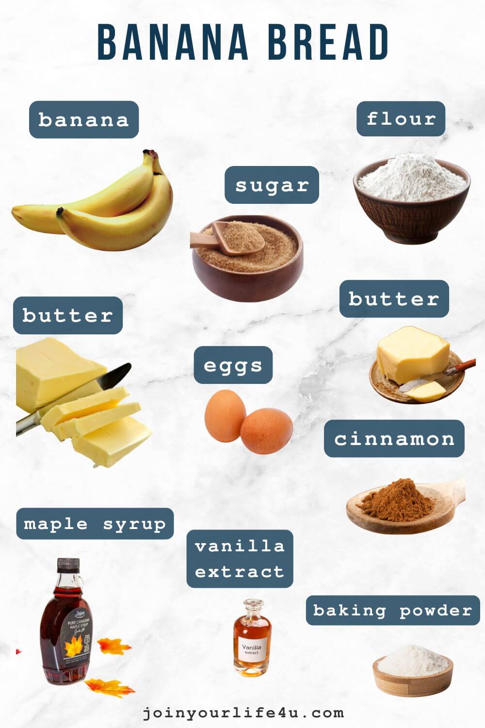 Bananas, butter, sugar, maple syrup, vanilla, cinnamon, eggs, flour, baking powder, raisins, cranberries, walnuts on table.