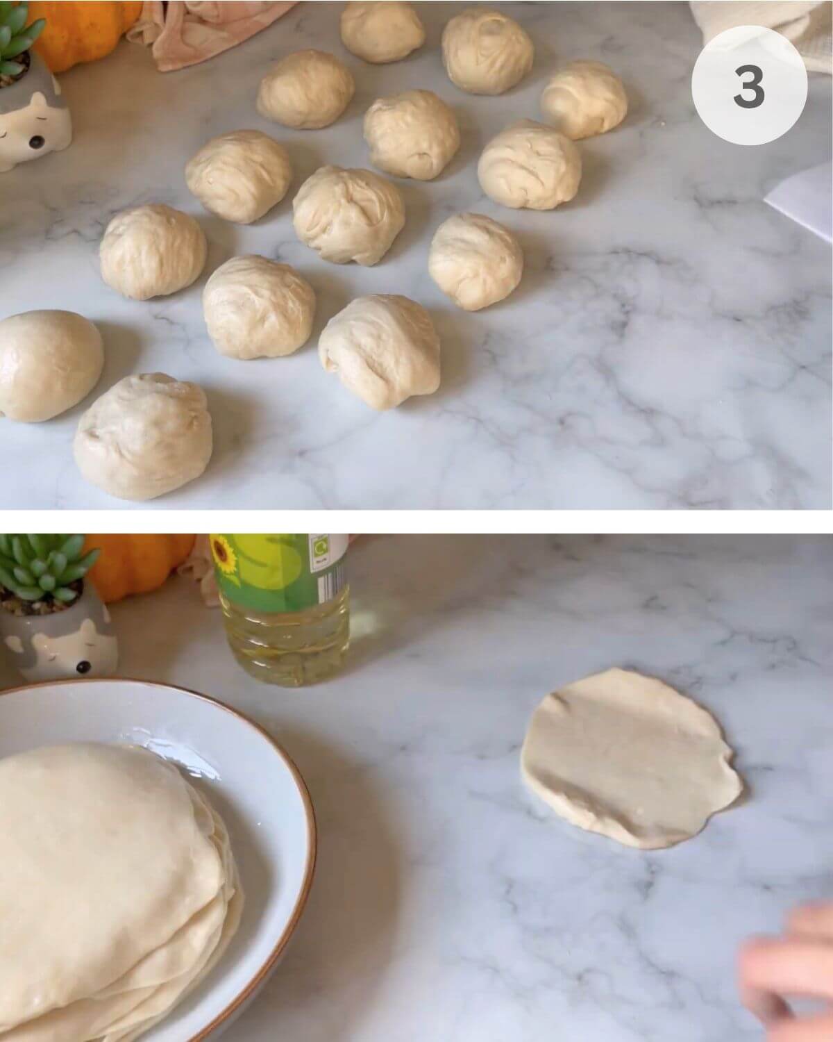 Rolled dough pieces stacked on a plate with oil brushed between layers.
