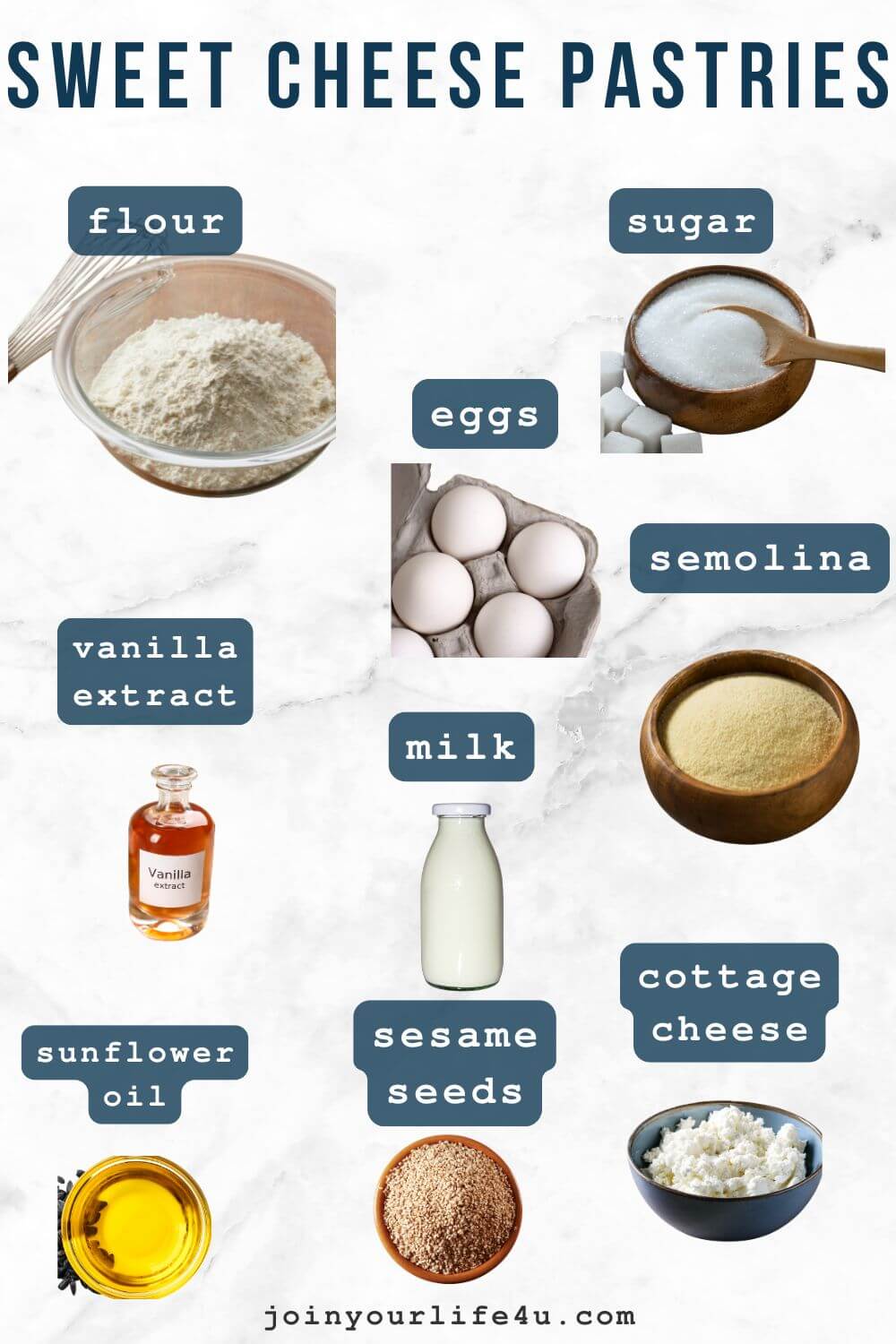Milk, sugar, salt, egg yolk, flour, oil, sesame seeds, ricotta, eggs, vanilla extract, semolina, individually displayed on a table. 