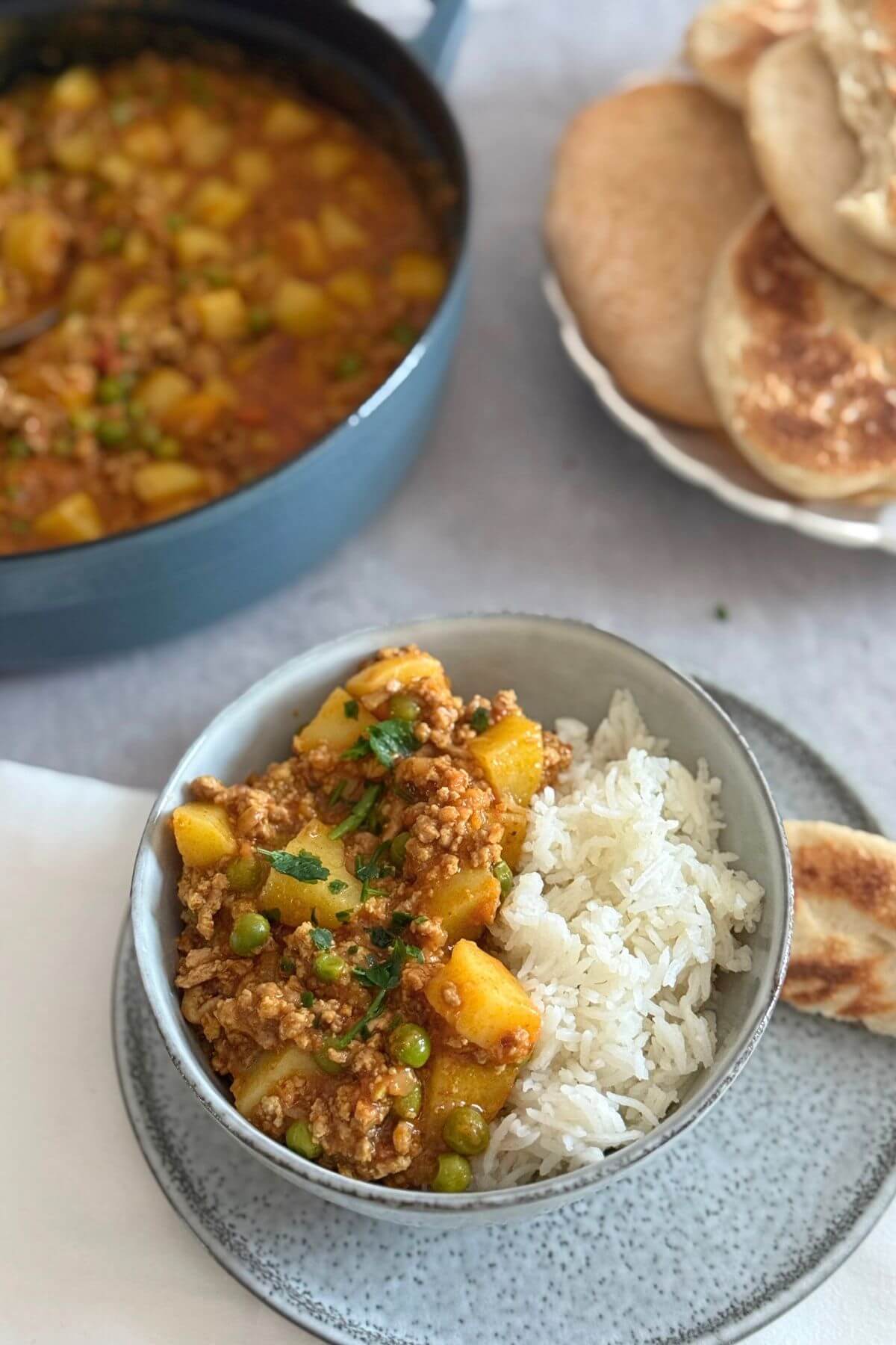 Creamy Thai coconut curry with ground turkey, potatoes, and aromatic spices in a bowl, ready in 30 minutes