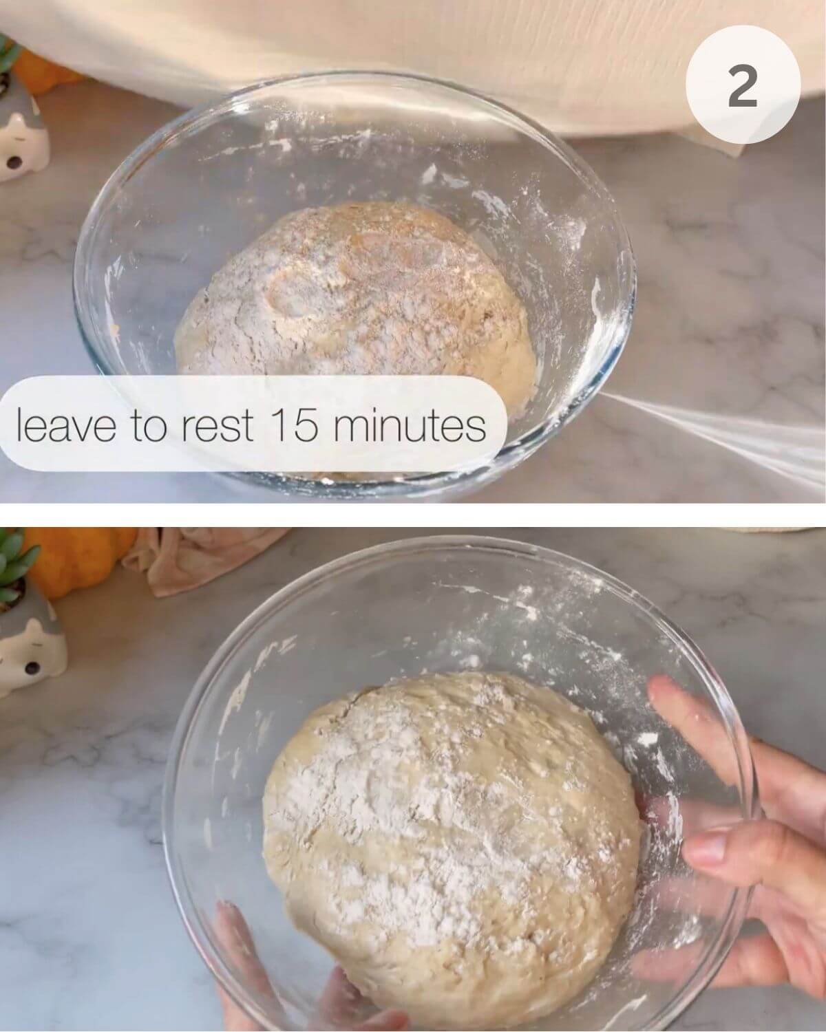Soft dough on a floured surface being kneaded before resting.
