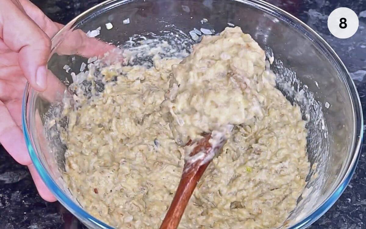 Finished eggplant salad with homemade mayonnaise in a bowl.