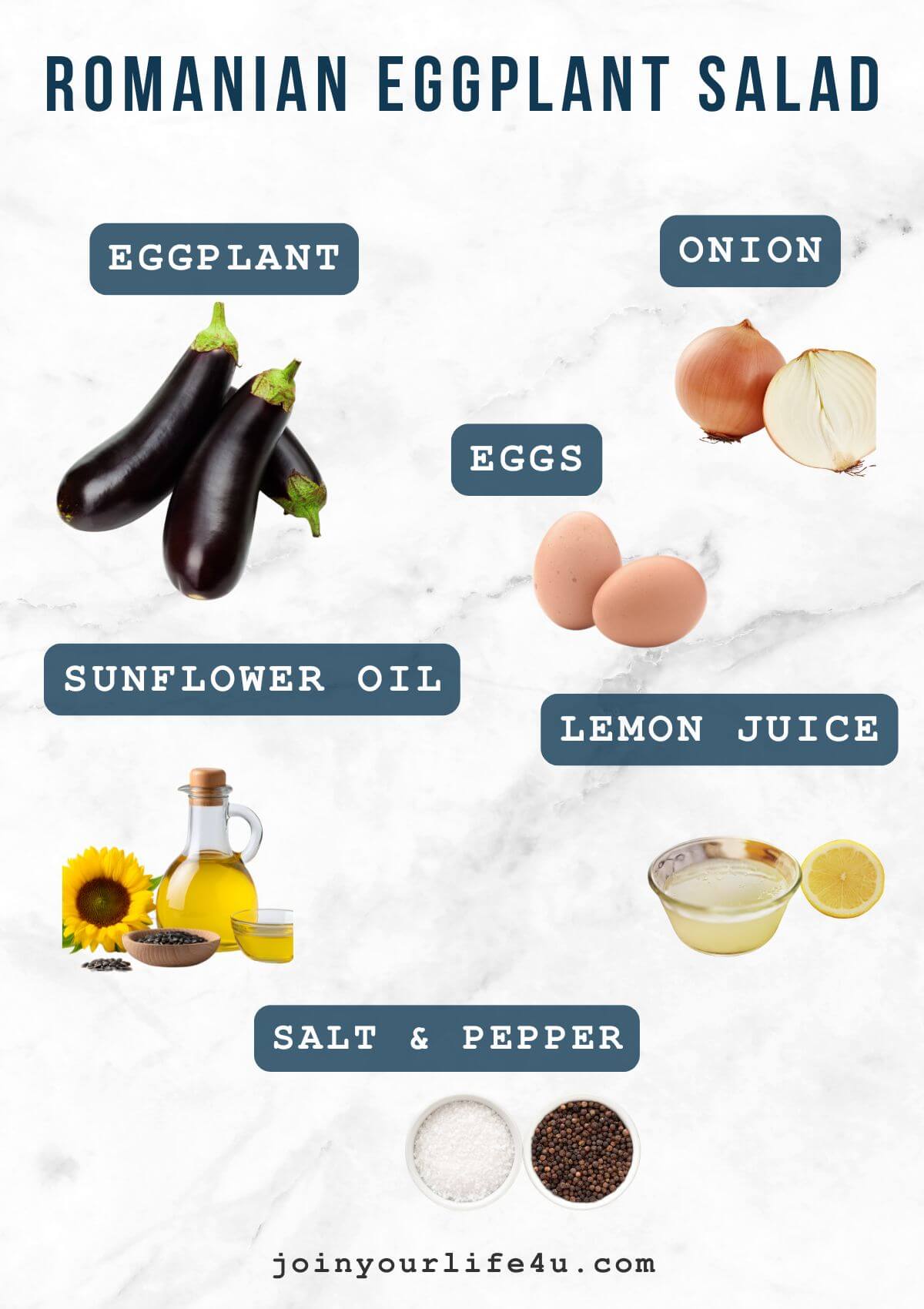 Eggplants, onions, sunflower oil, salt, black pepper, eggs, lemon juice, individually displayed on a table.