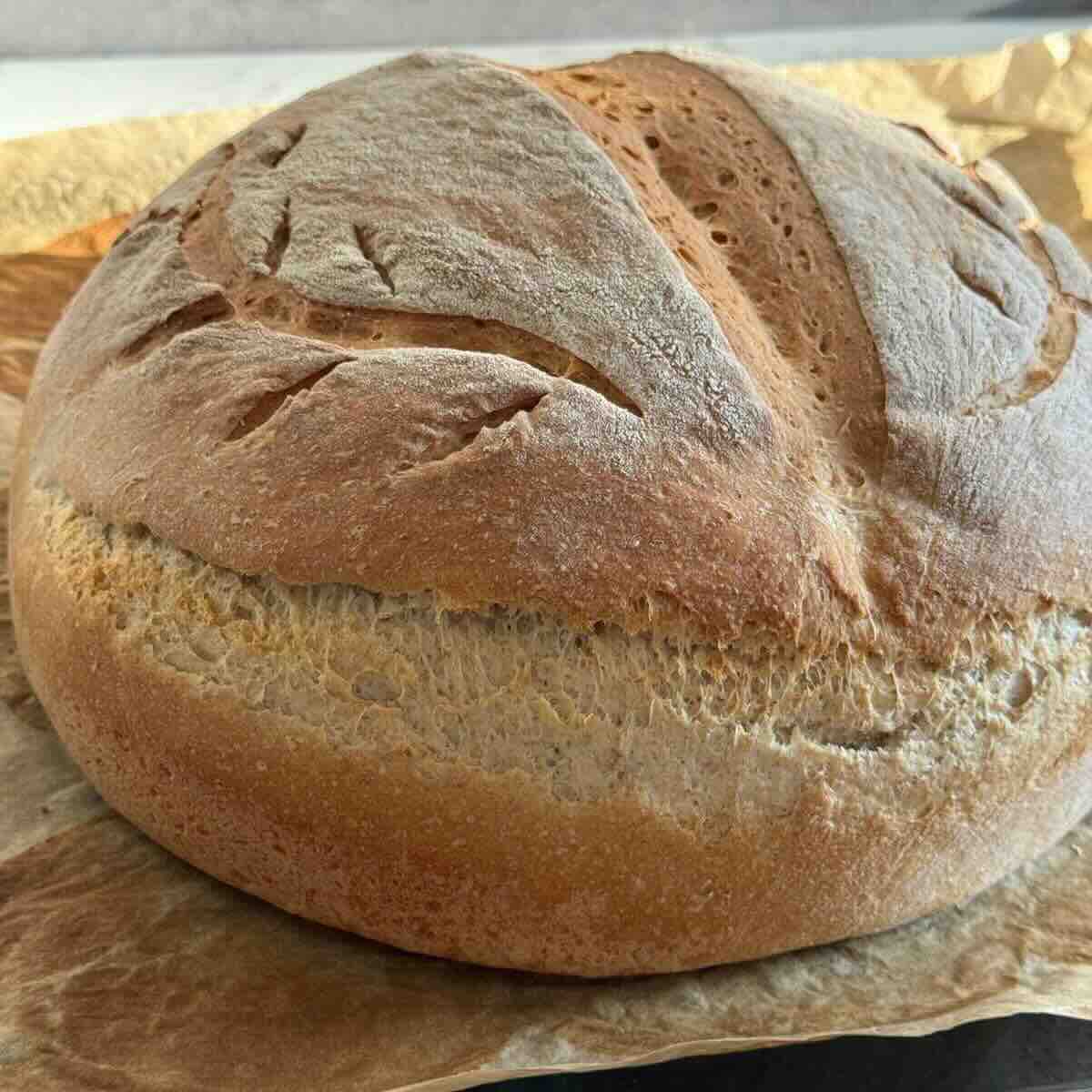 Rustic Romanian house bread loaf on a baking pan.
