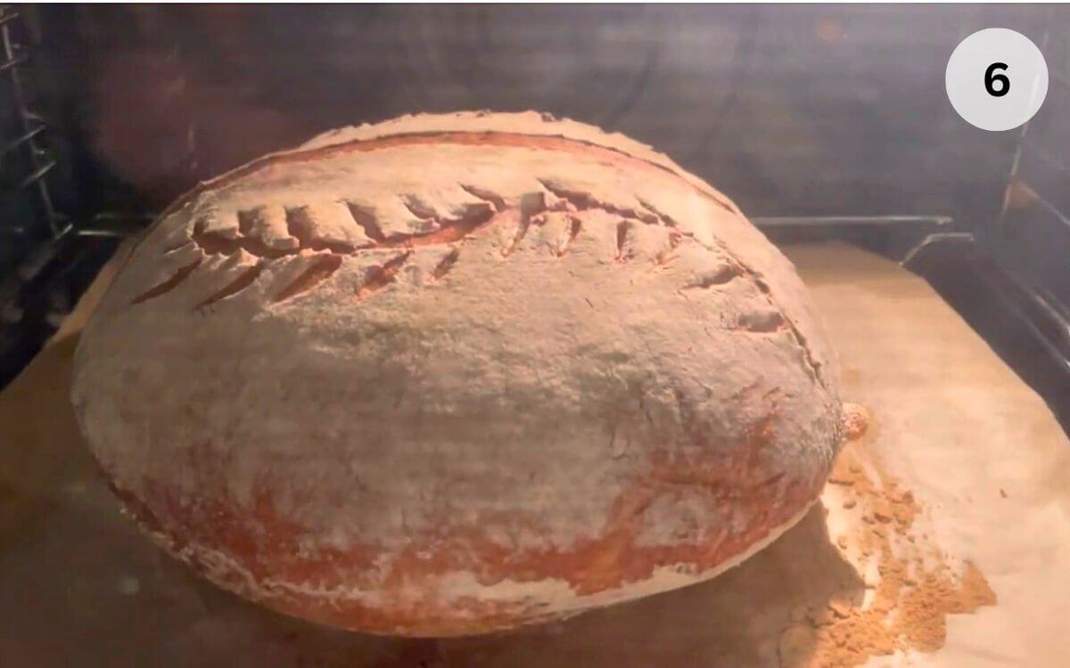 Romanian house bread baking in the oven after removing the steam tray, golden crust forming.