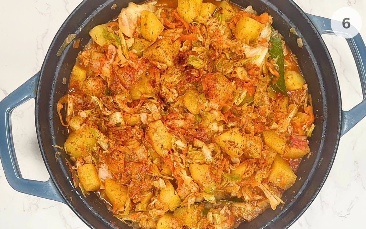 Bay leaves removed, stew stirred, ready to serve with bread or polenta.