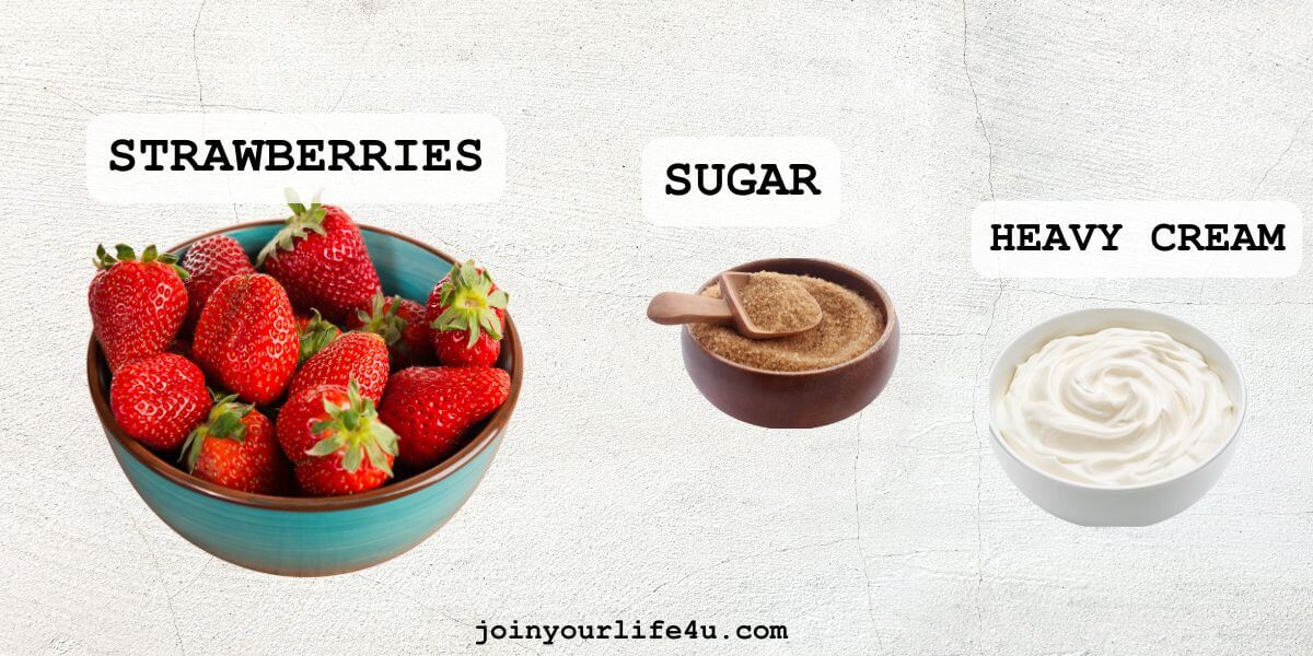 Strawberries, sugar, heavy cream, individually displayed on a table.