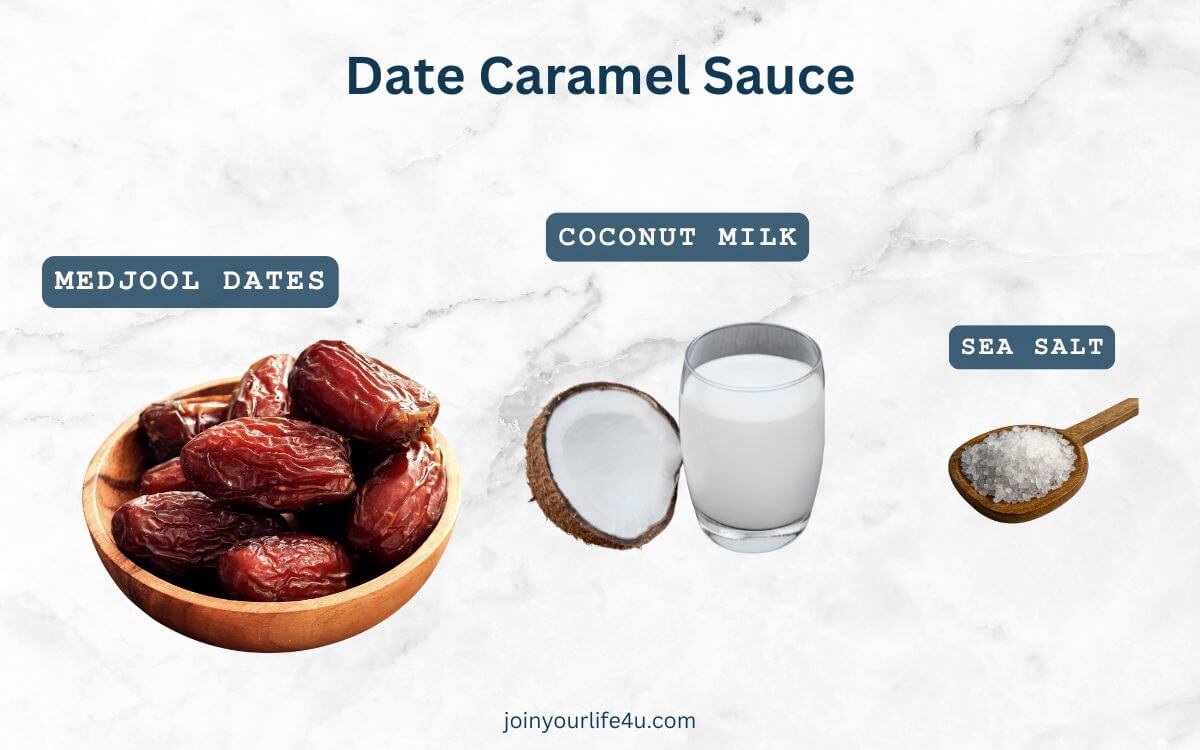 Medjool dates, coconut milk, salt, individually displayed on a table.
