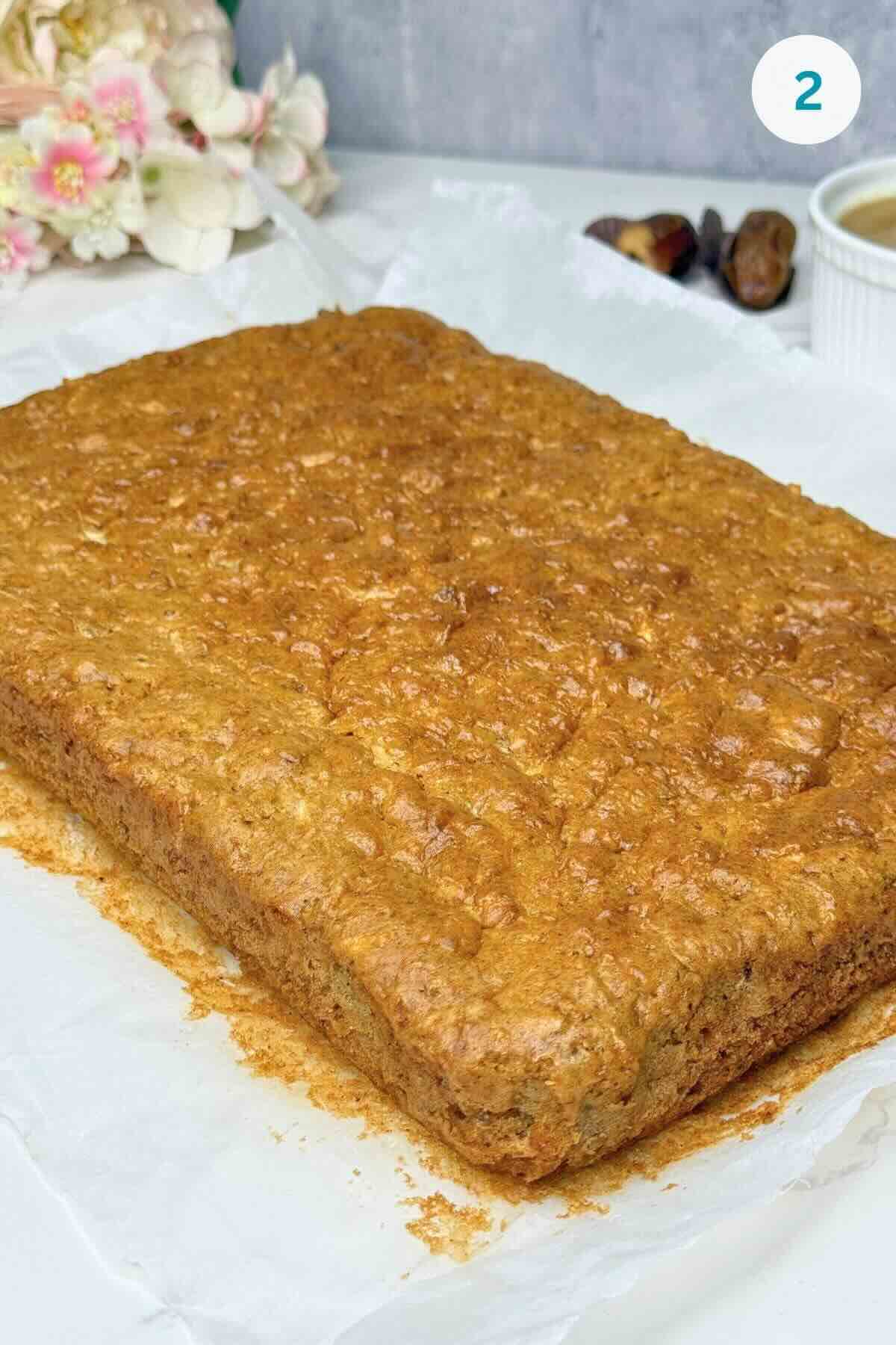 Cake baked in the oven until a toothpick came out clean.