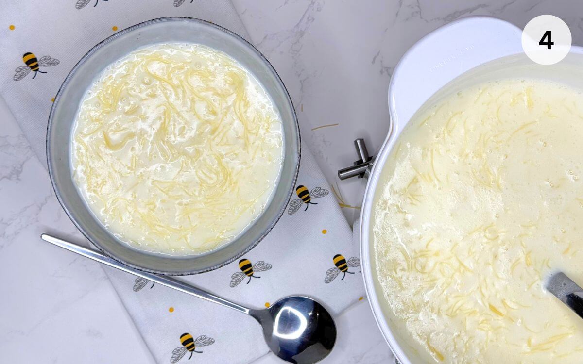 Pan and serving bowl filled with sweet vermicelli pudding set aside cooling.