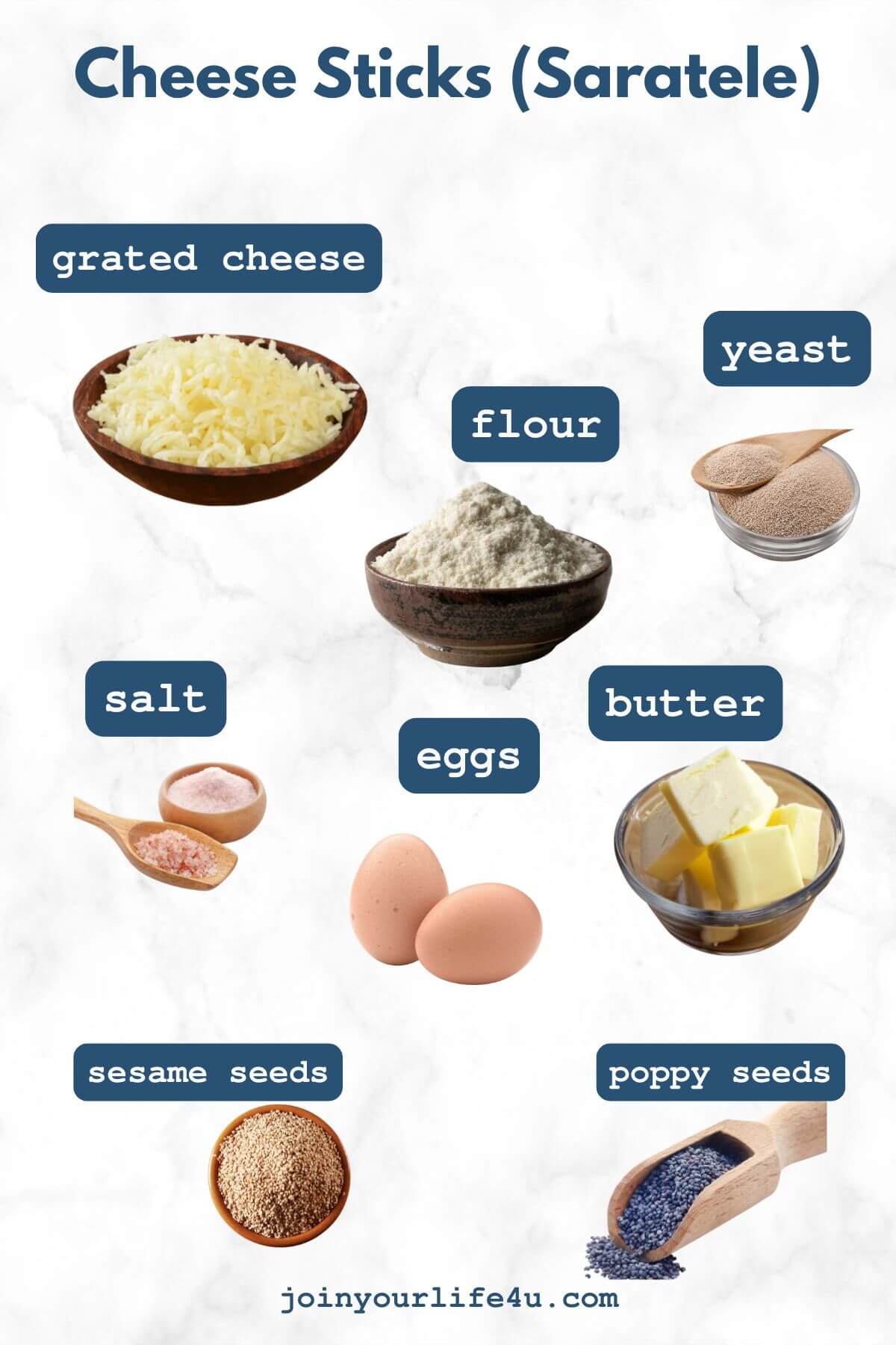 Flour, eggs, cheese, butter, yeast, sesame seeds, poppy seeds, individually displayed on a table.