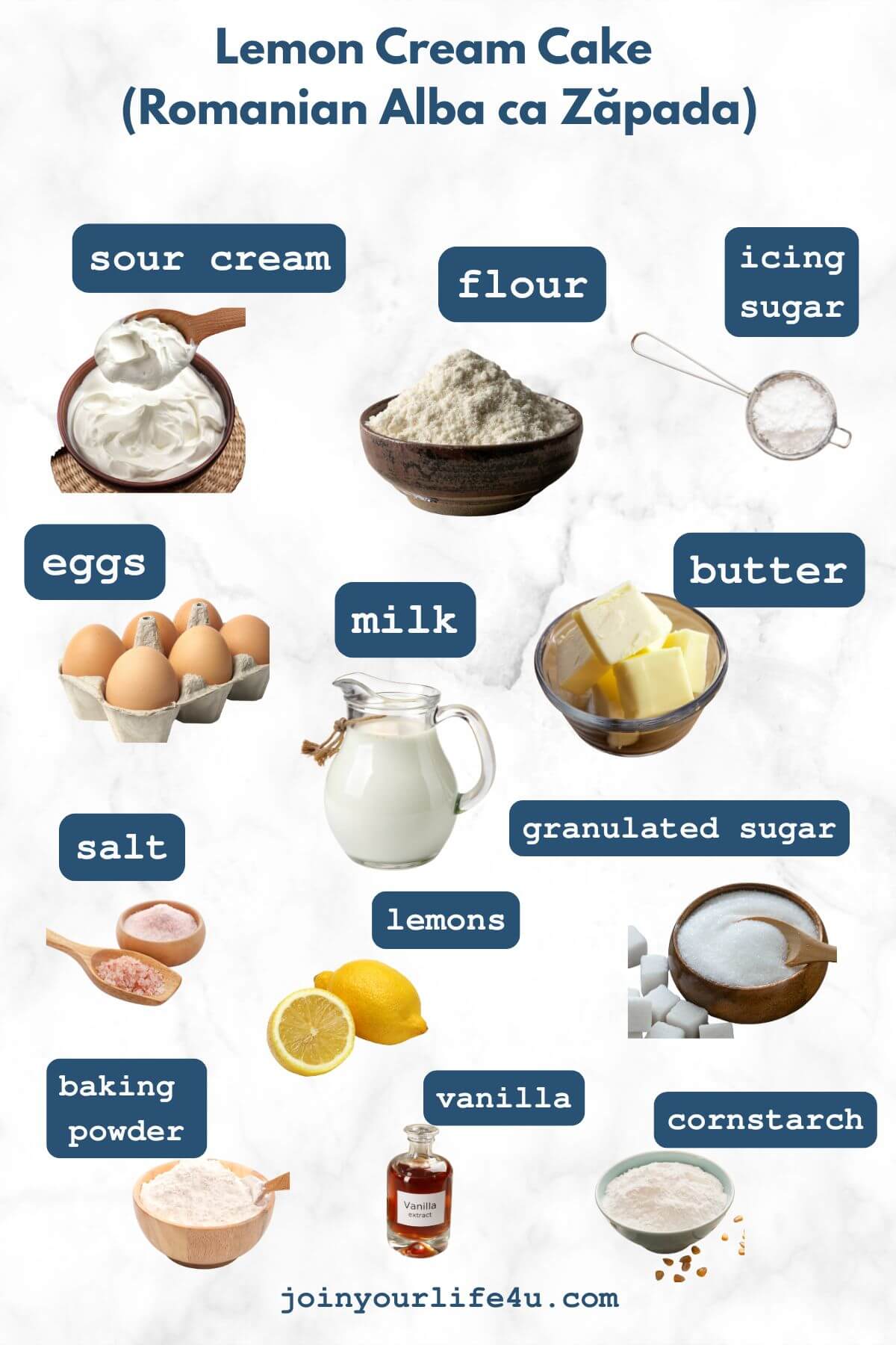 Flour, eggs, butter, powdered sugar, sour cream, baking powder, lemon, cornstarch, milk, individually displayed on a table.