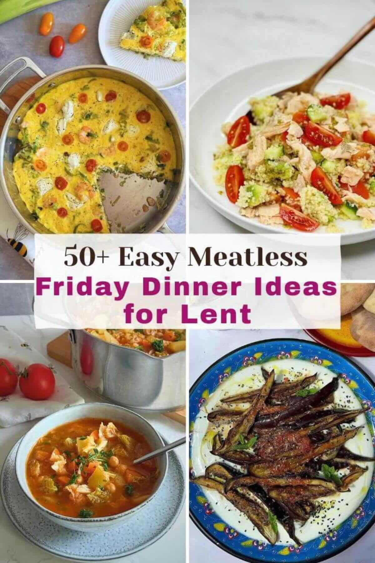 Displaying a vibrant collage of easy meatless recipes for lent including fresh seafood and vegetable pastas.
