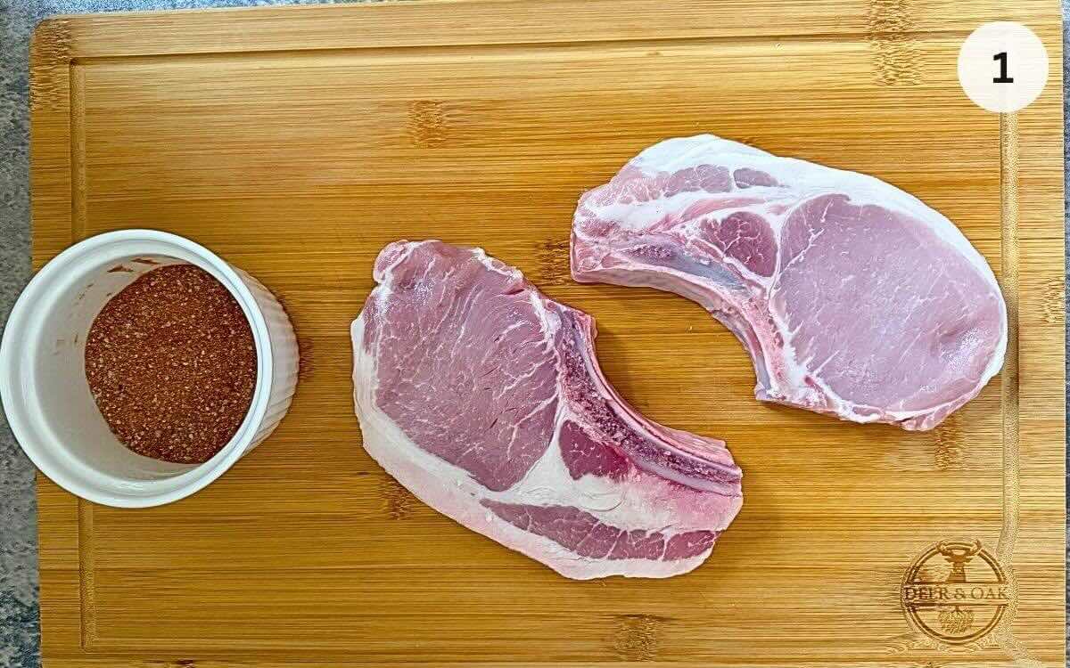 Brown sugar spice rub mixed in small bowl for thick pork chops air fryer recipe.